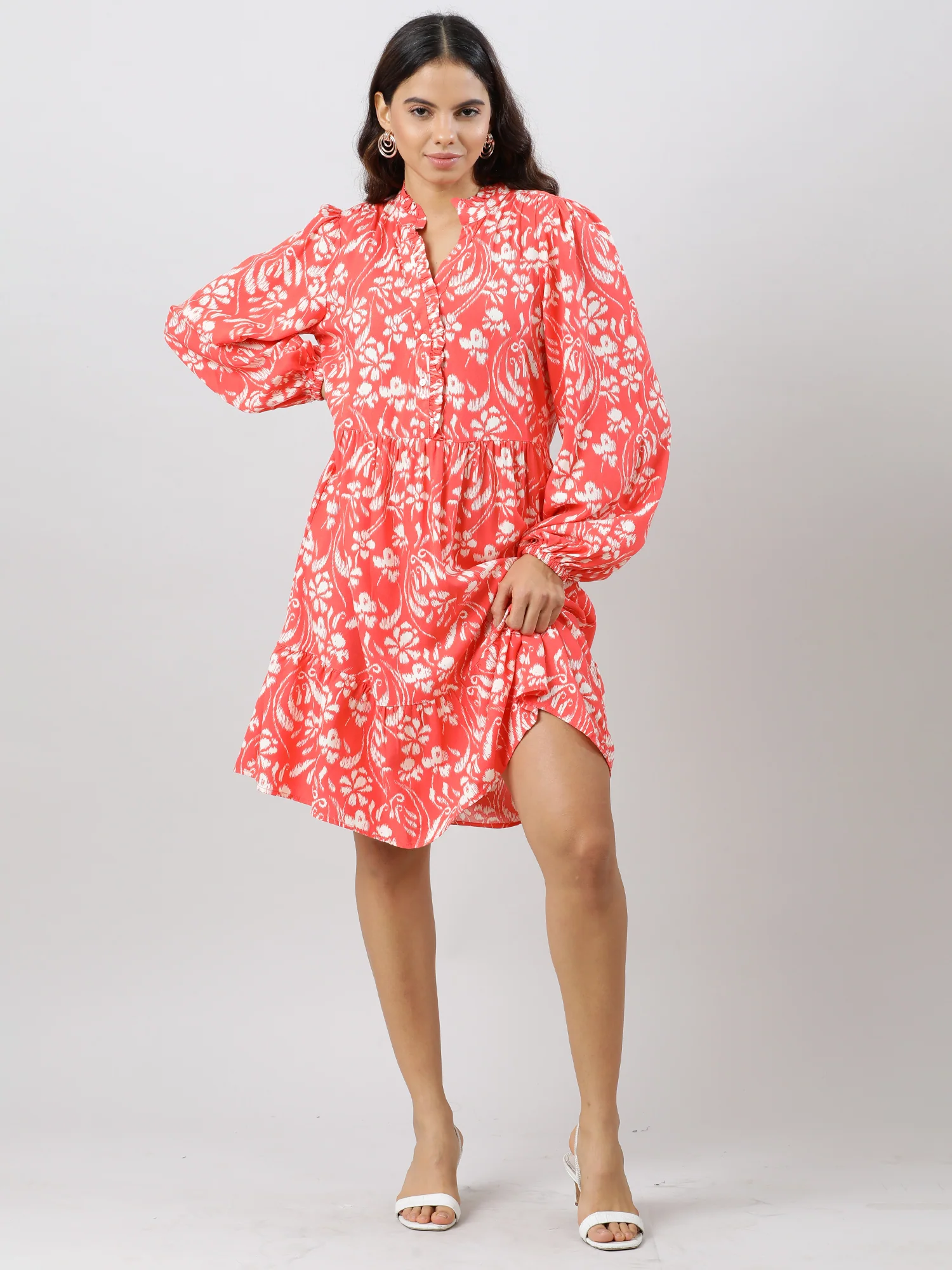 Women Casual Coral Printed Midi Dress - Image 4