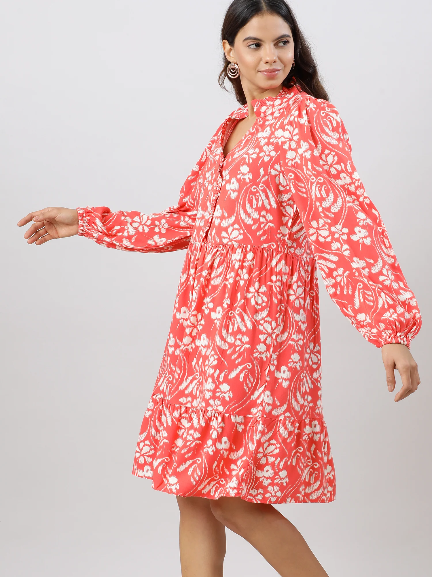 Women Casual Coral Printed Midi Dress - Image 6
