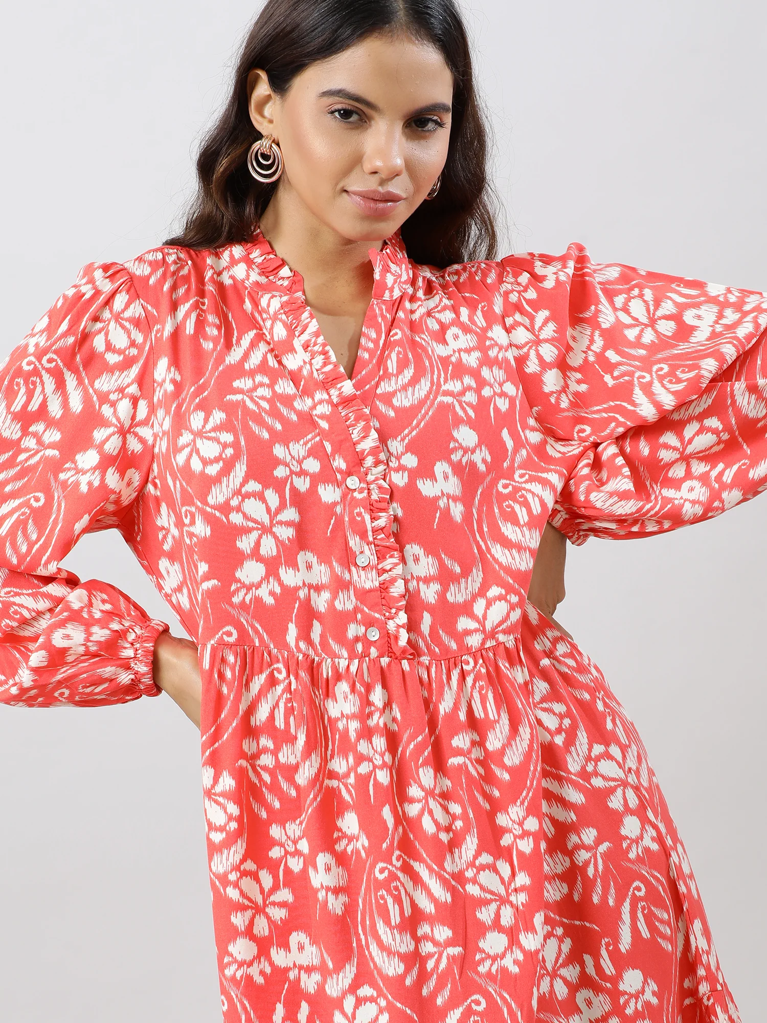 Women Casual Coral Printed Midi Dress - Image 7