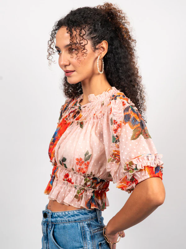 Women Chiffon Ruffled Printed Blouse - Image 3