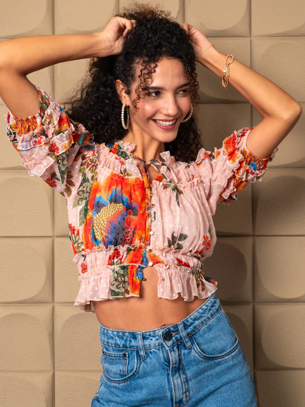 Women Chiffon Ruffled Printed Blouse - Image 5