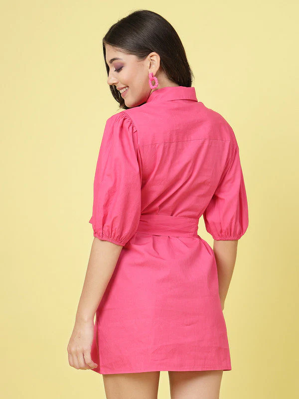 Women Collar Neck Puff Sleeve Dress - Image 3