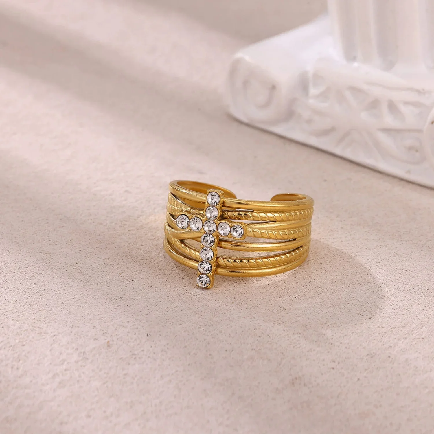 Crystal Cross Multi-Layer Gold Ring