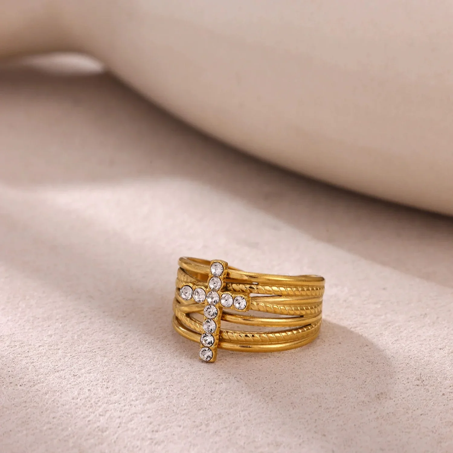 Crystal Cross Multi-Layer Gold Ring - Image 2