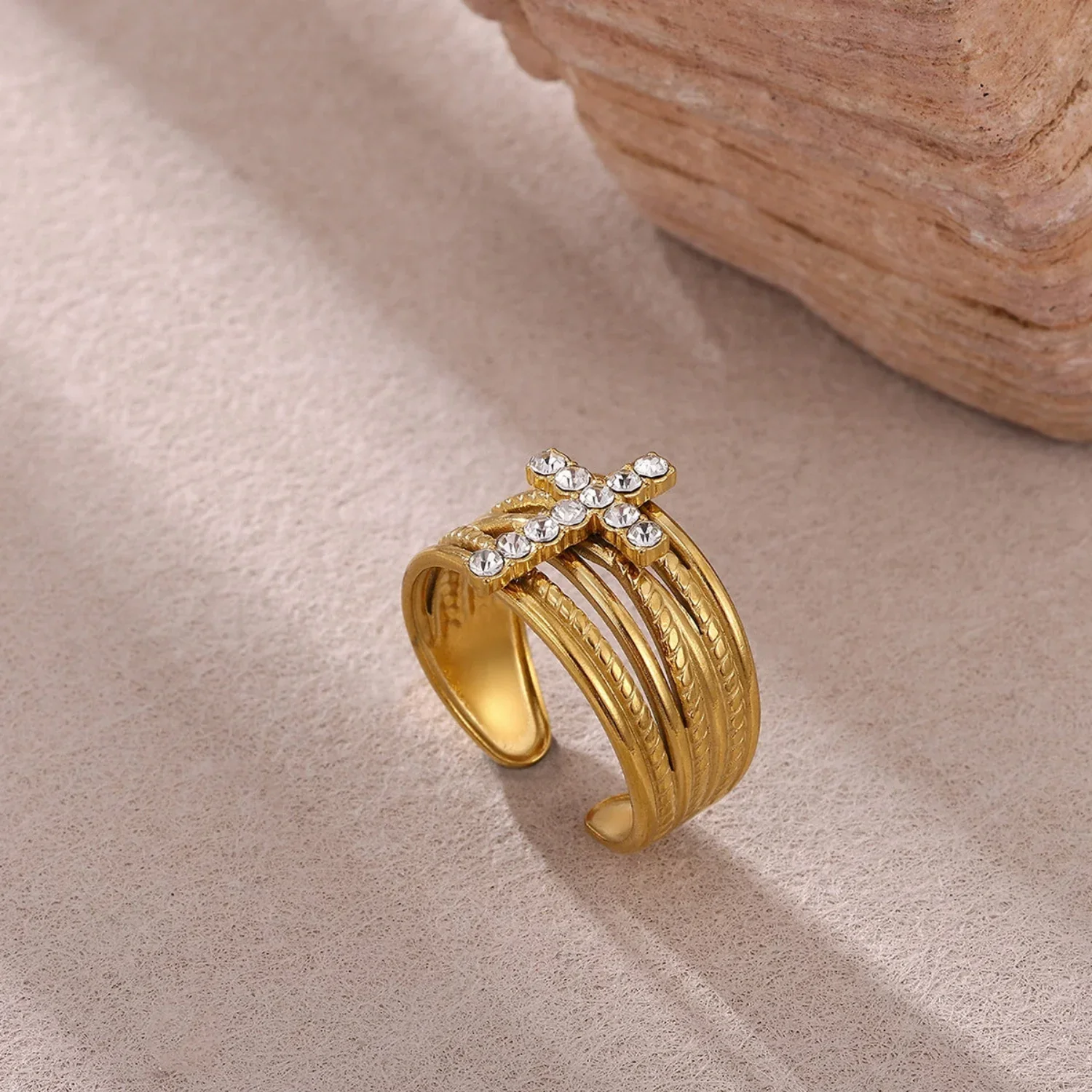 Crystal Cross Multi-Layer Gold Ring - Image 3