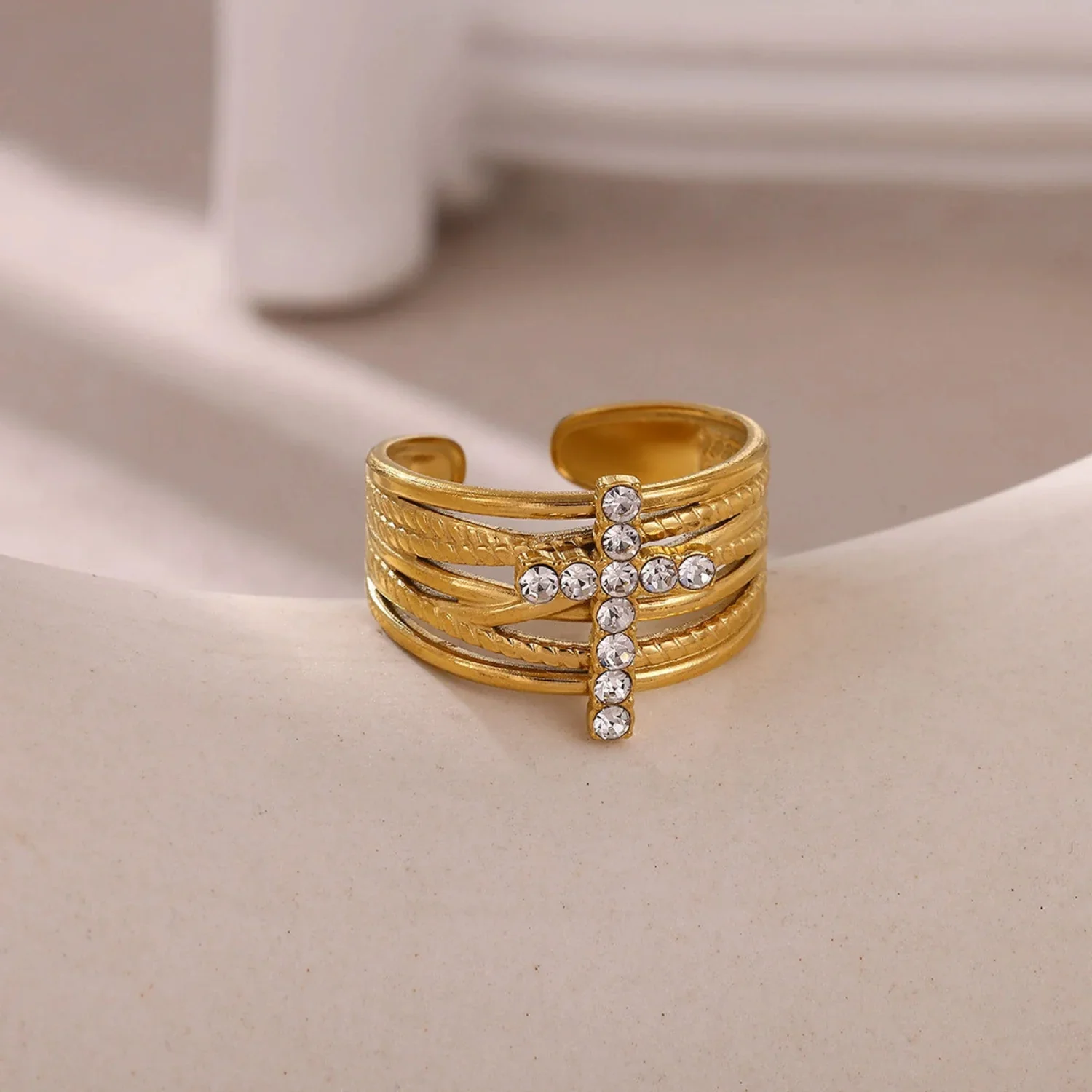 Crystal Cross Multi-Layer Gold Ring - Image 4