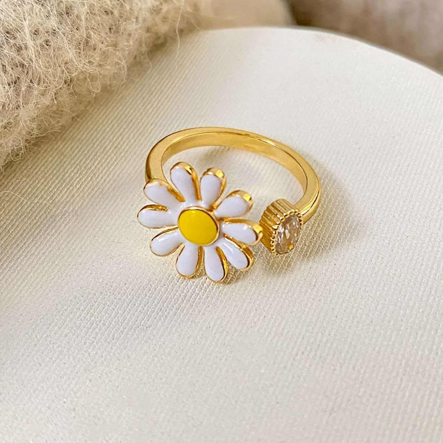 Dainty White Enamel Daisy Ring - Image 2