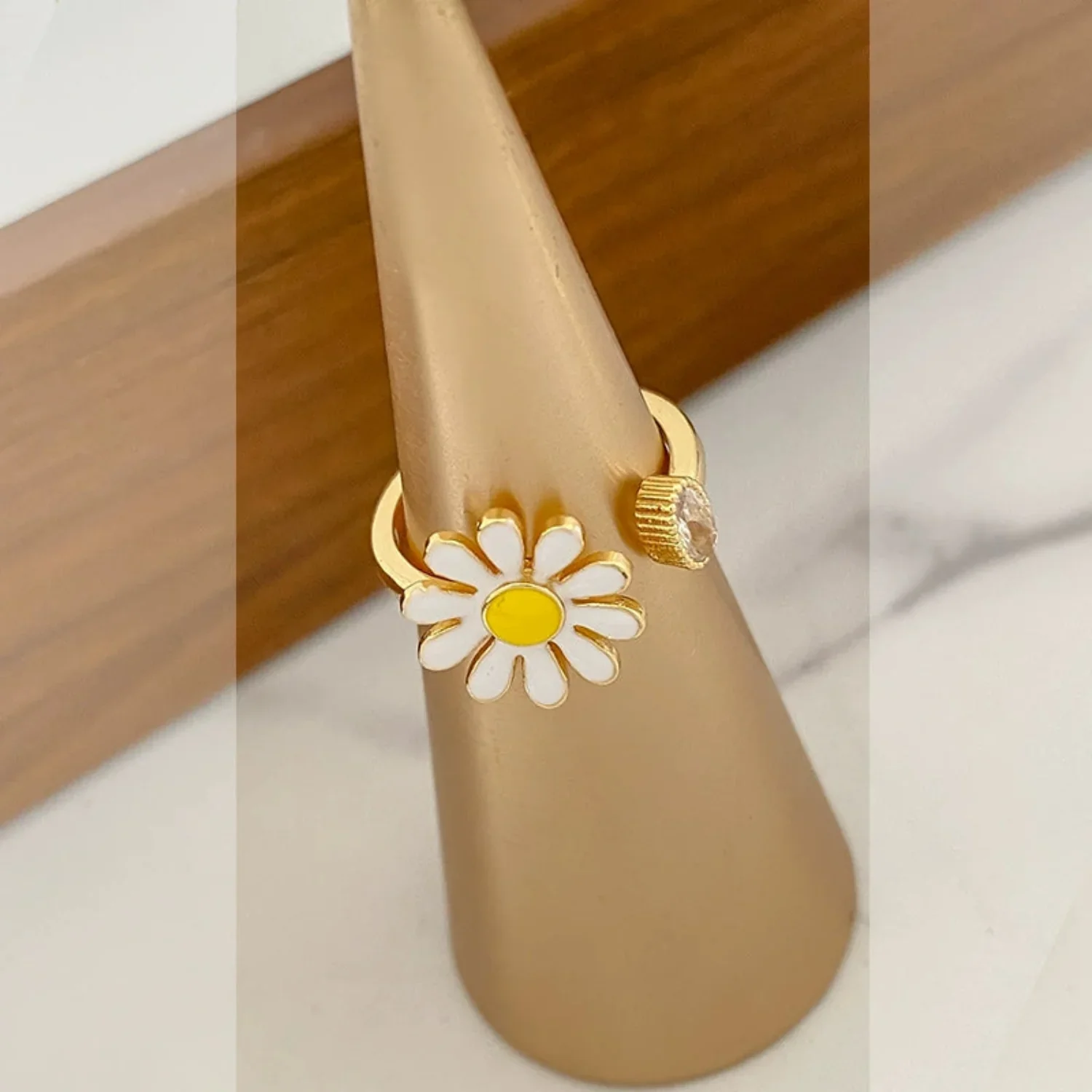 Dainty White Enamel Daisy Ring - Image 4