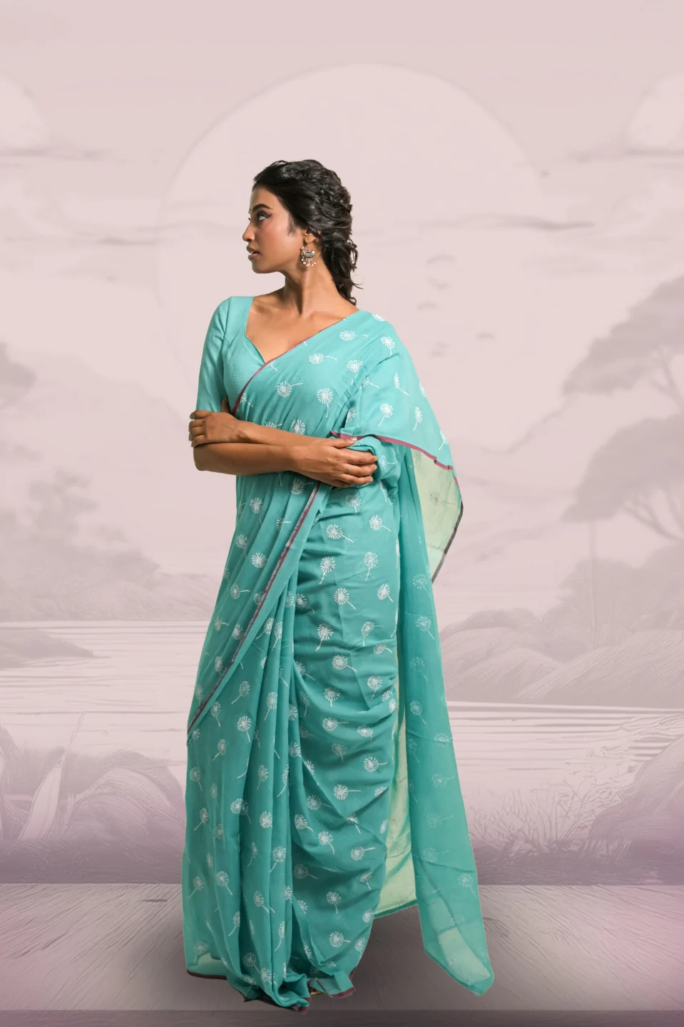 Dandelions Turquoise Blue Handloom Mul Cotton Saree with Handblock-Printed Dandelion Motifs - Image 2