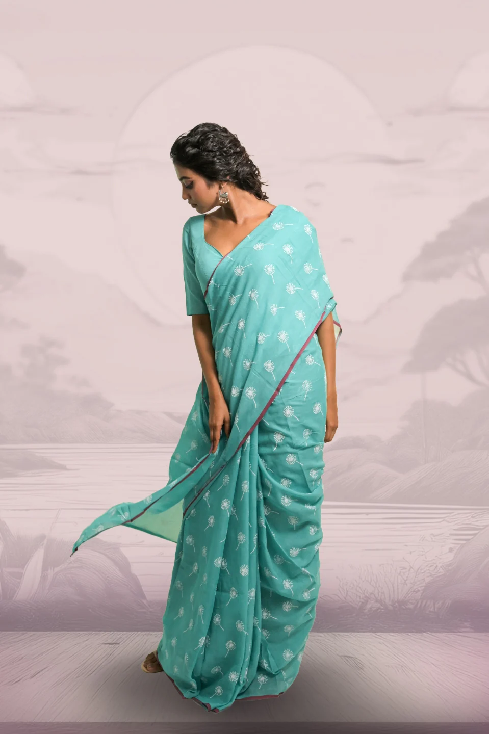 Dandelions Turquoise Blue Handloom Mul Cotton Saree with Handblock-Printed Dandelion Motifs - Image 3
