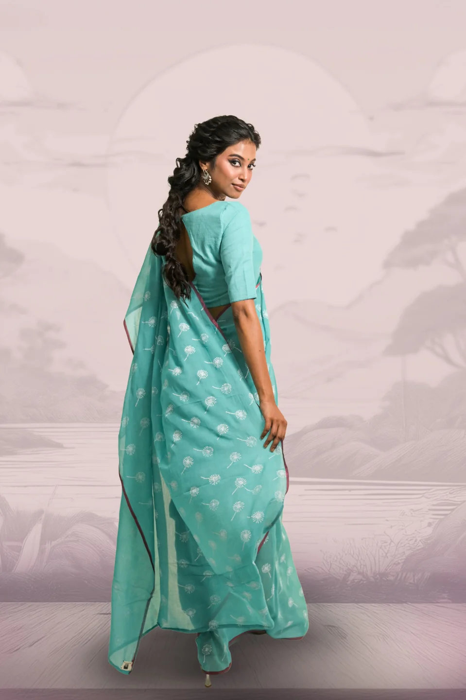 Dandelions Turquoise Blue Handloom Mul Cotton Saree with Handblock-Printed Dandelion Motifs - Image 4