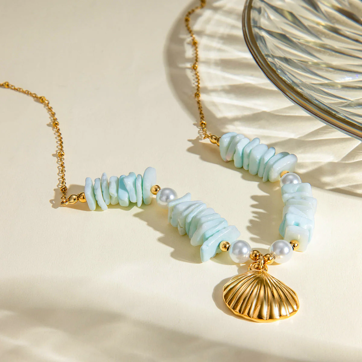 Drop Pearl Skyblue Beads Conch Gold Necklace