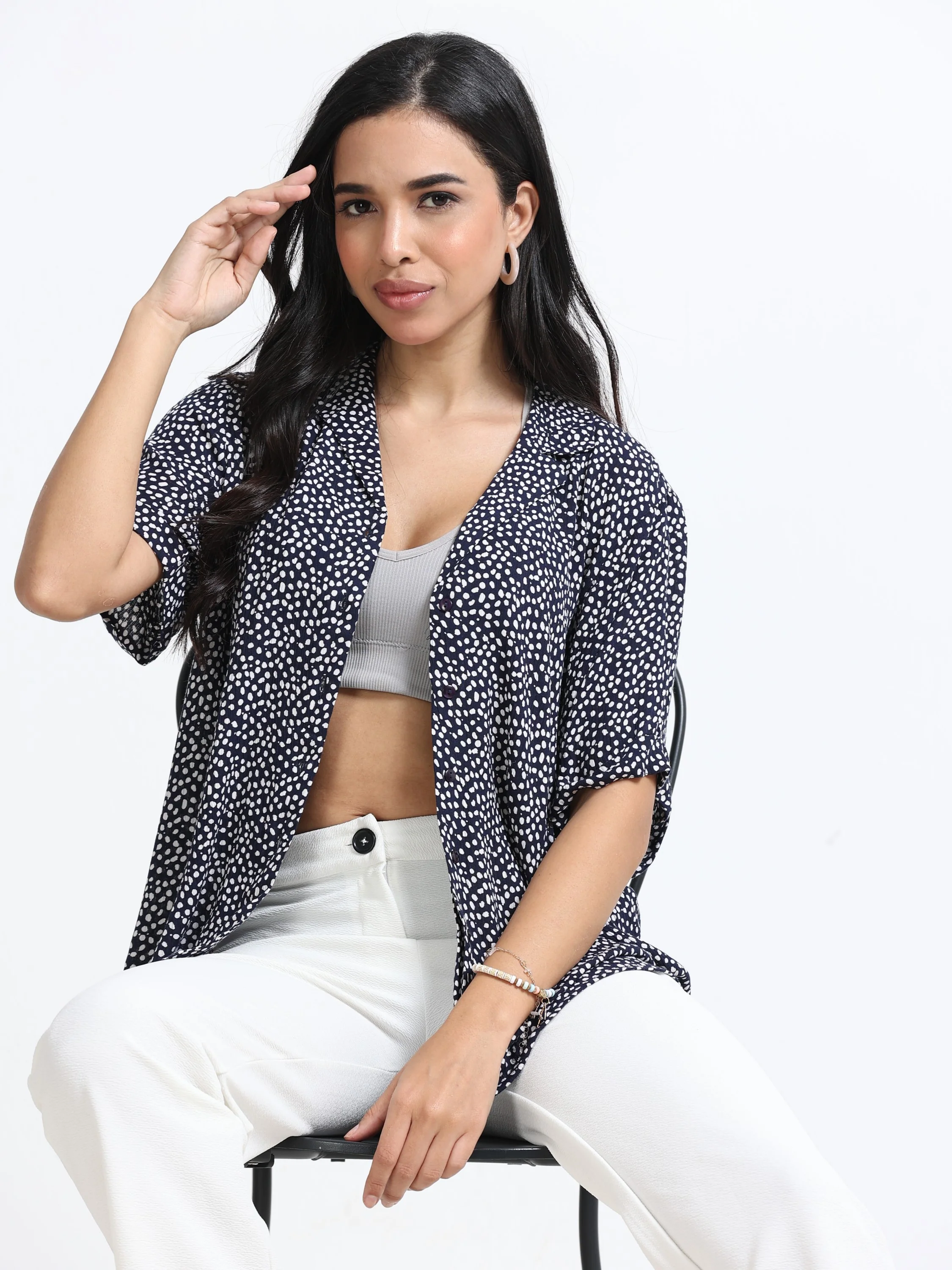 Women Elegant Navy Printed Shirt - Image 2