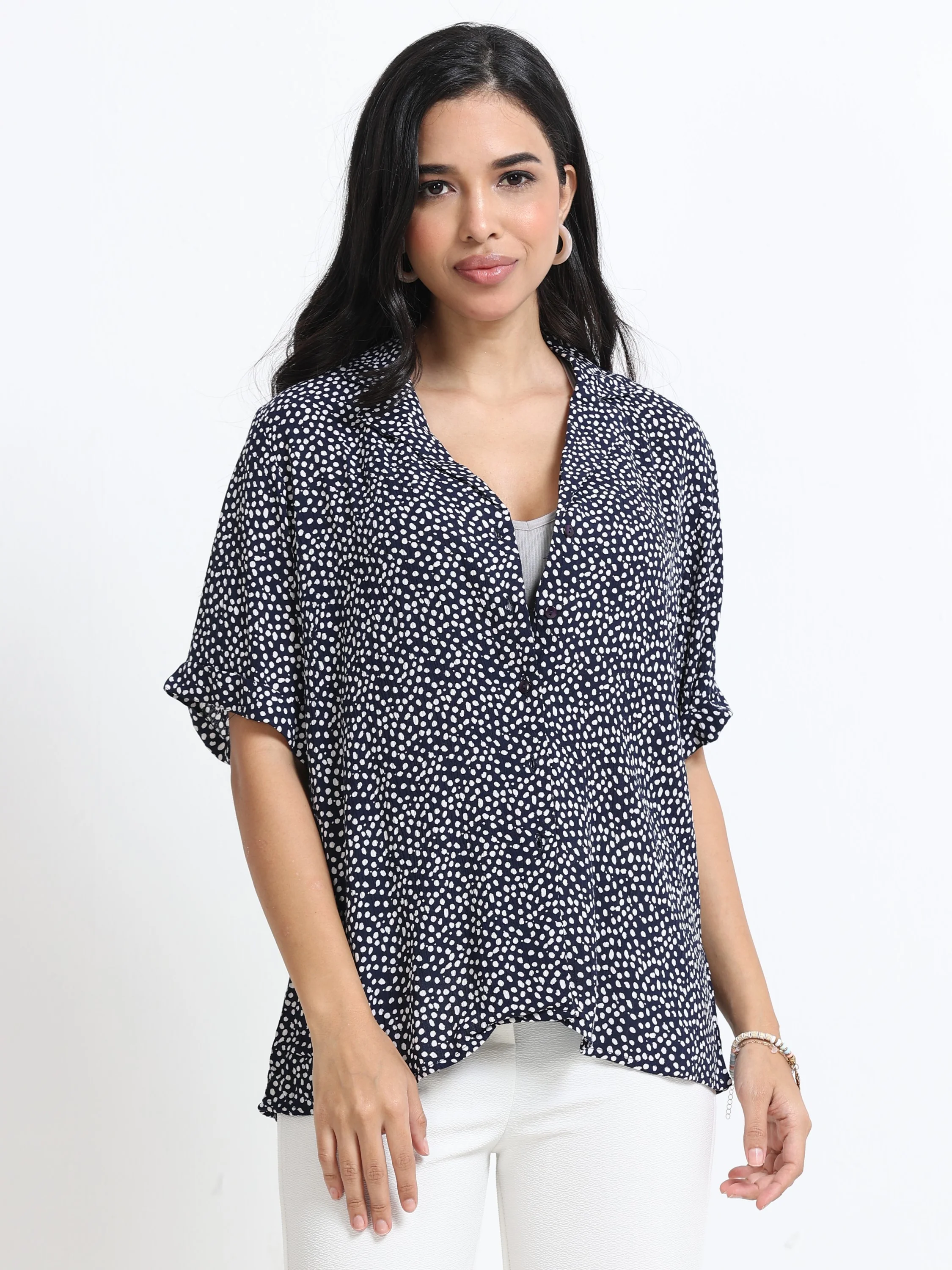 Women Elegant Navy Printed Shirt - Image 3