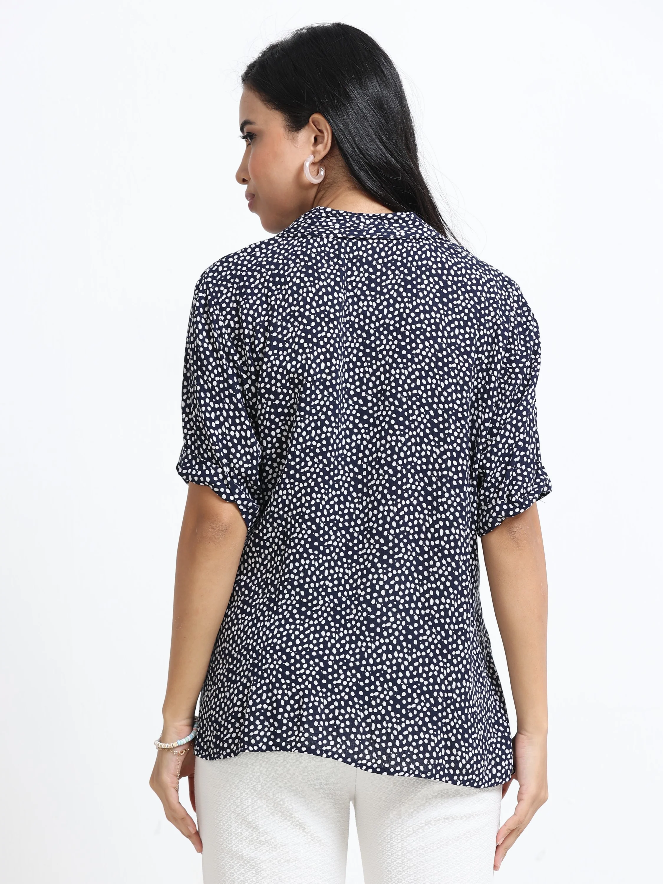 Women Elegant Navy Printed Shirt - Image 4