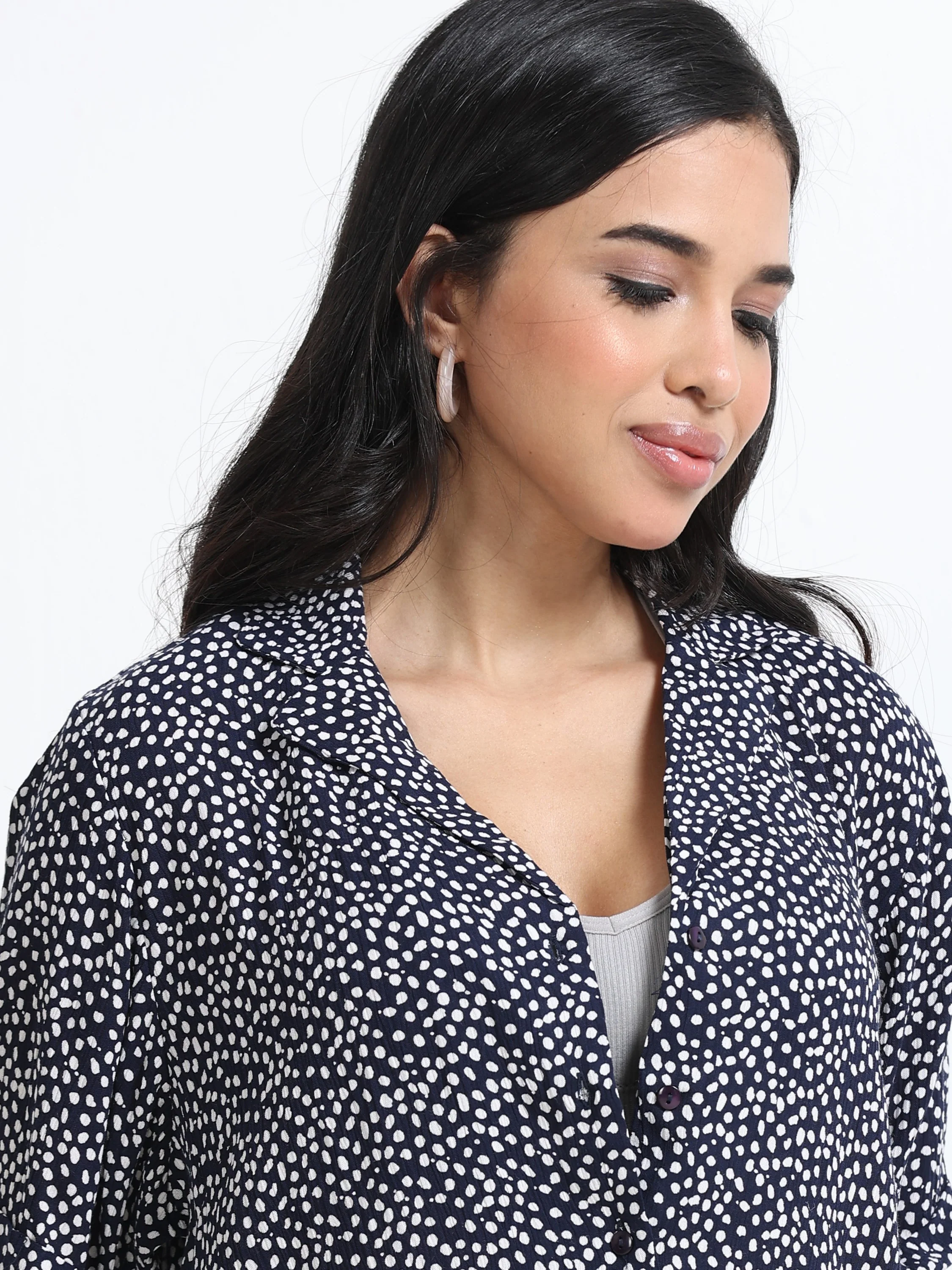 Women Elegant Navy Printed Shirt - Image 6