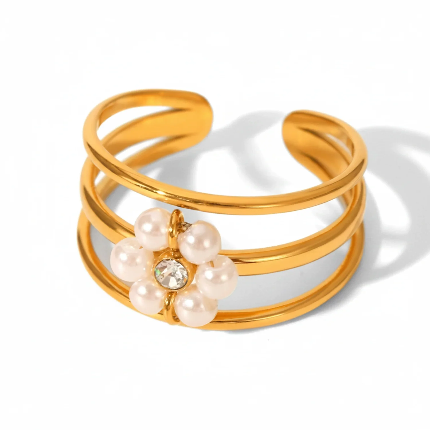 Elegant Pearl Flower Triple-Band Adjustable Ring