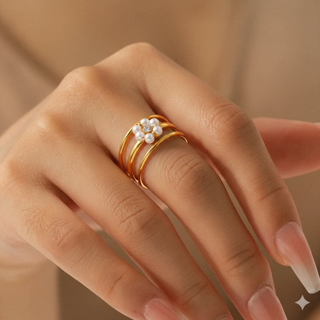 Elegant Pearl Flower Triple-Band Adjustable Ring - Image 2