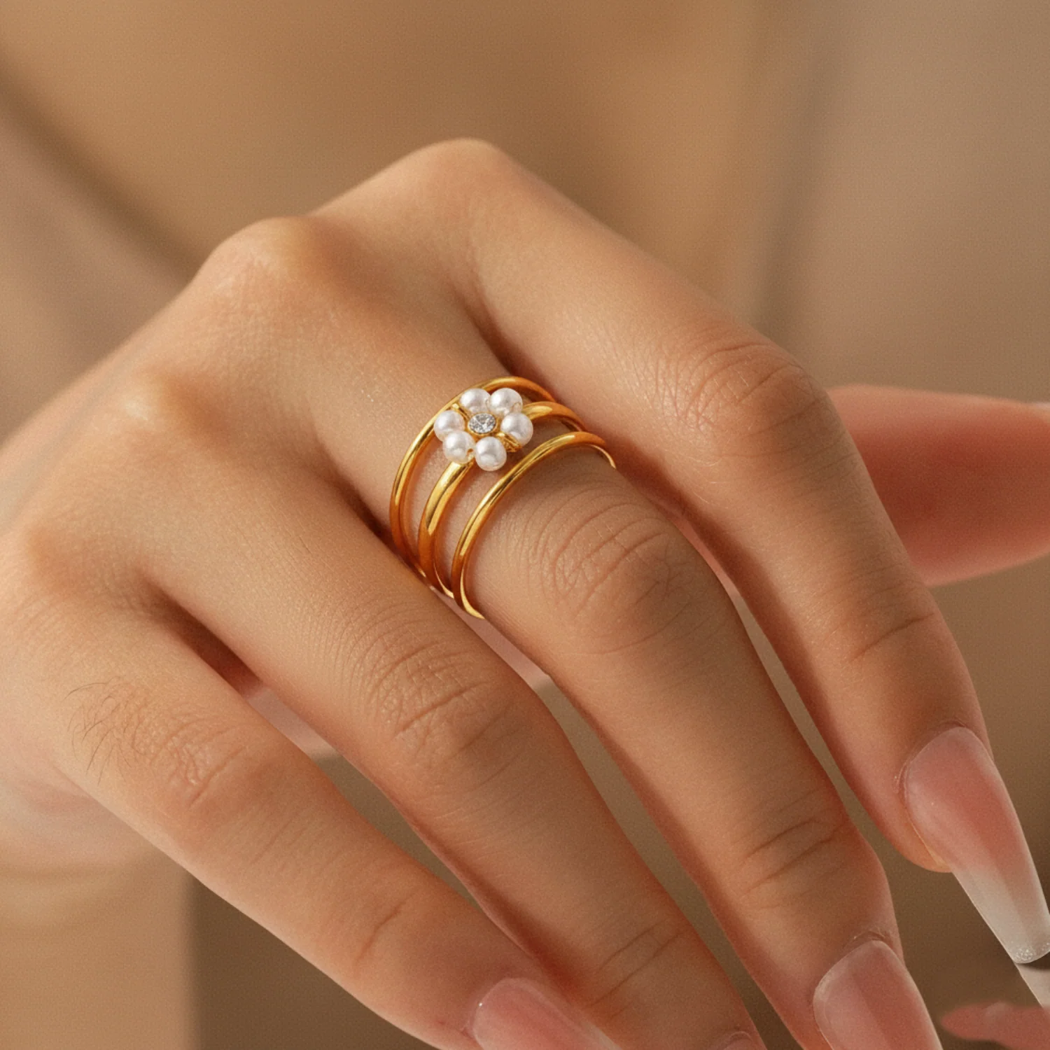 Elegant Pearl Flower Triple-Band Adjustable Ring - Image 4