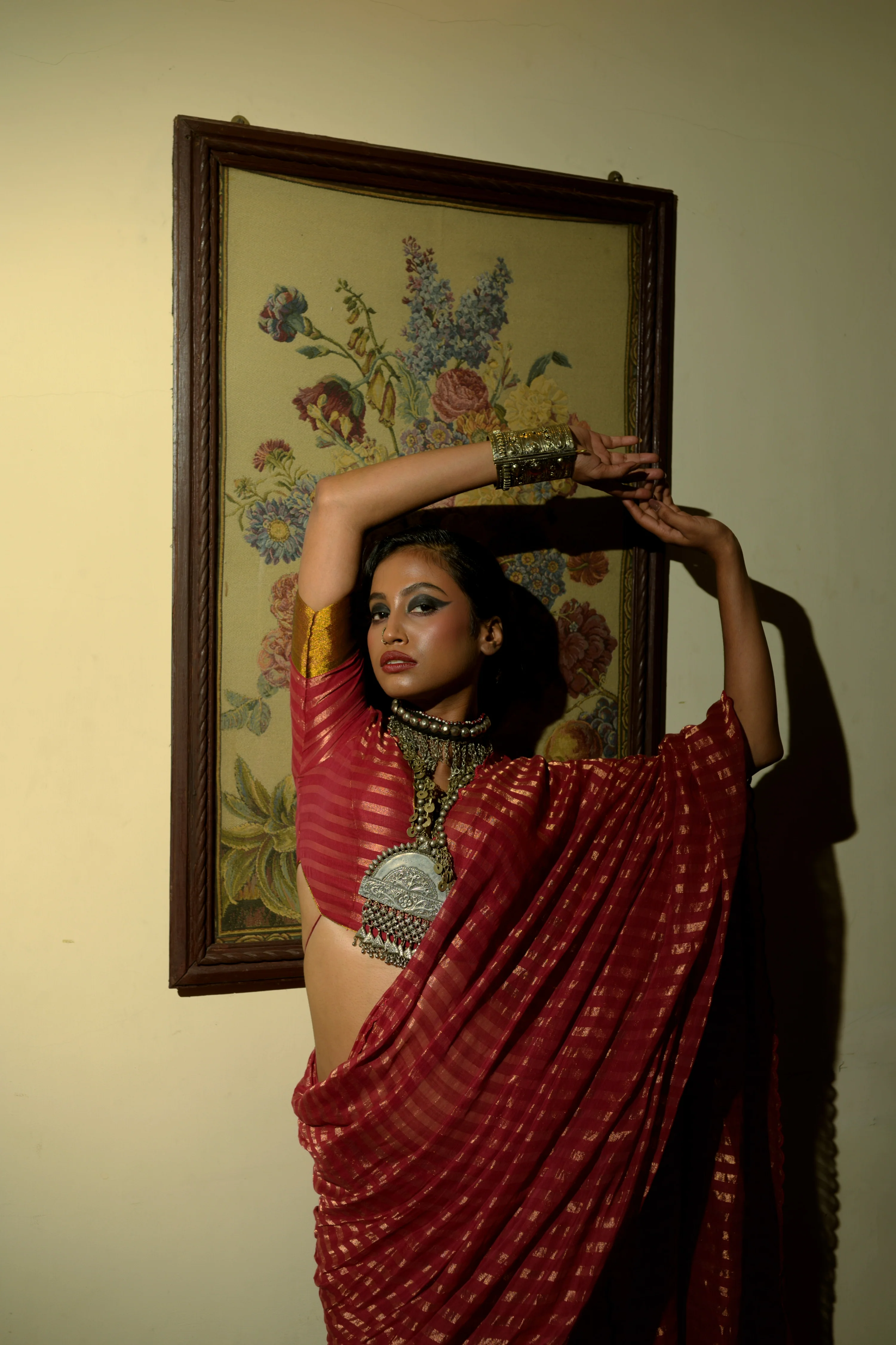 Femme Fatale Maroon Handloom Cotton Saree with Zari Stripes and Scalloped Border - Image 2