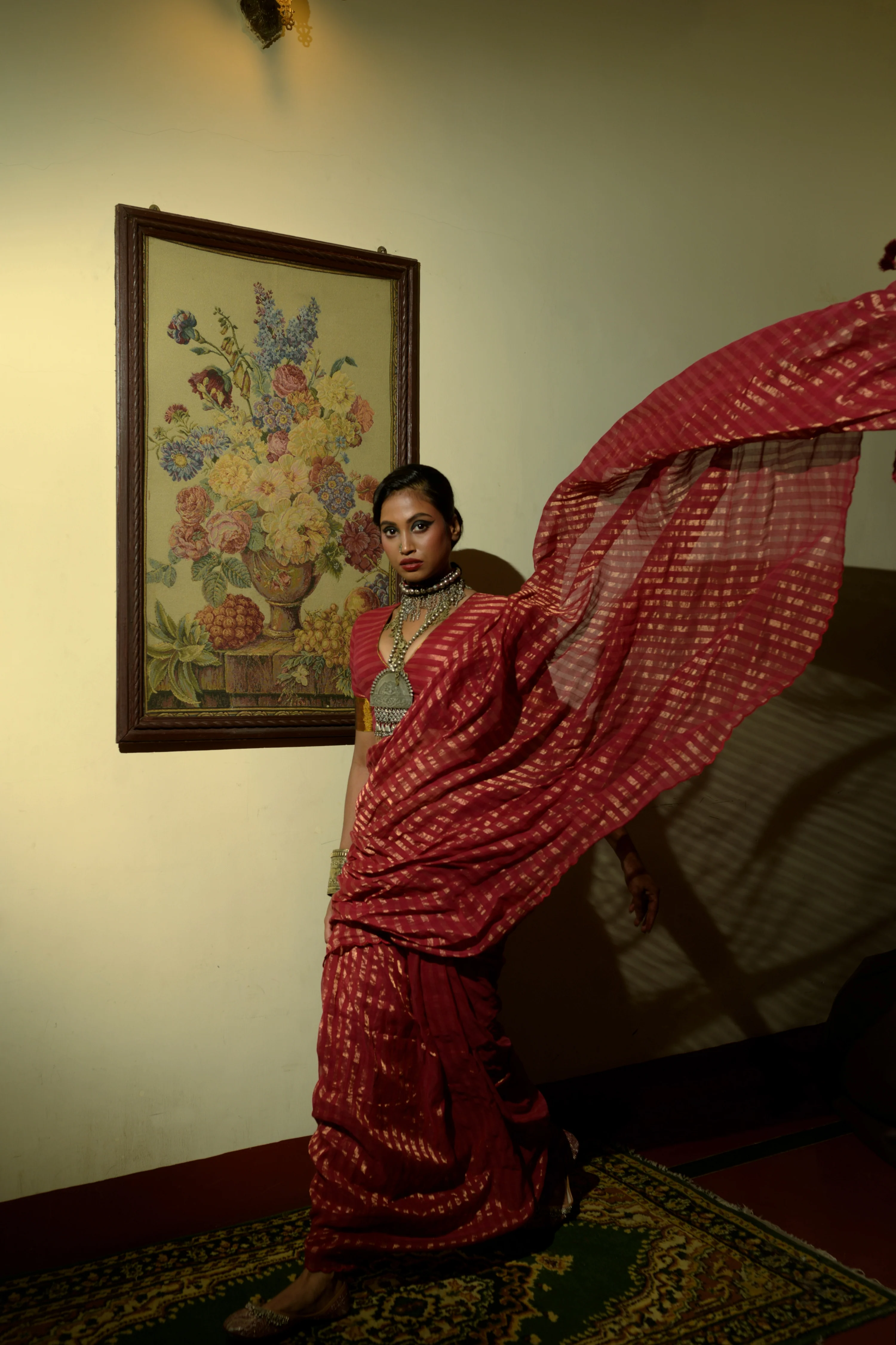 Femme Fatale Maroon Handloom Cotton Saree with Zari Stripes and Scalloped Border - Image 4