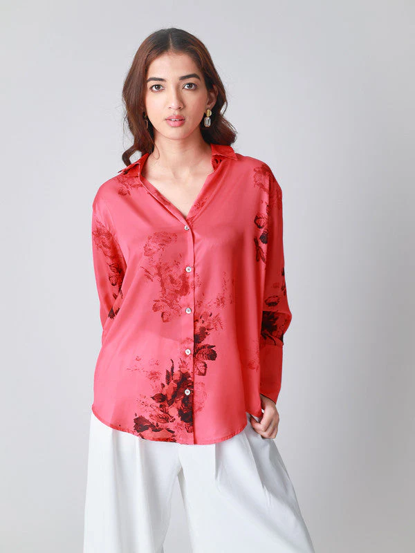 Women Floral Printed Satin Casual Shirt - Image 3