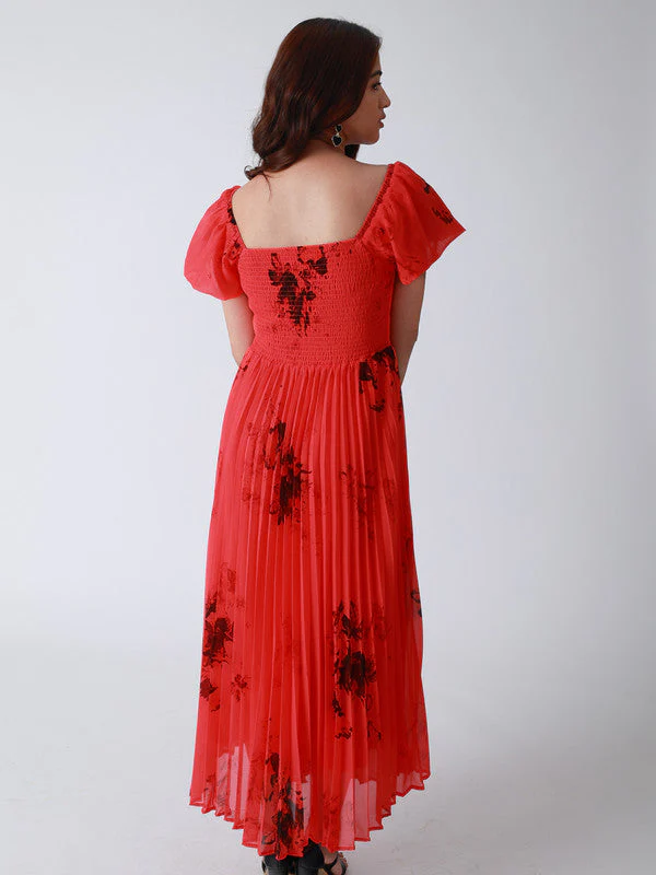 Women Floral Printed Smocked Bodice And Heat Set Pleated Dress - Image 2