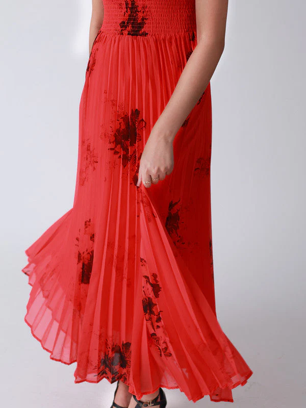 Women Floral Printed Smocked Bodice And Heat Set Pleated Dress - Image 7