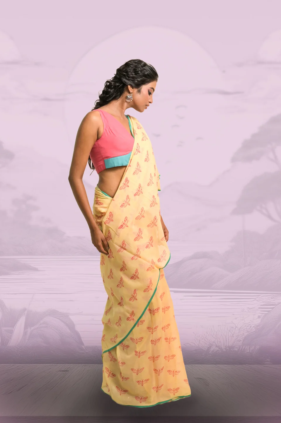 Flutterfly Soft Yellow Handloom Mul Cotton Saree with Handblock-Printed Butterfly Motifs - Image 2