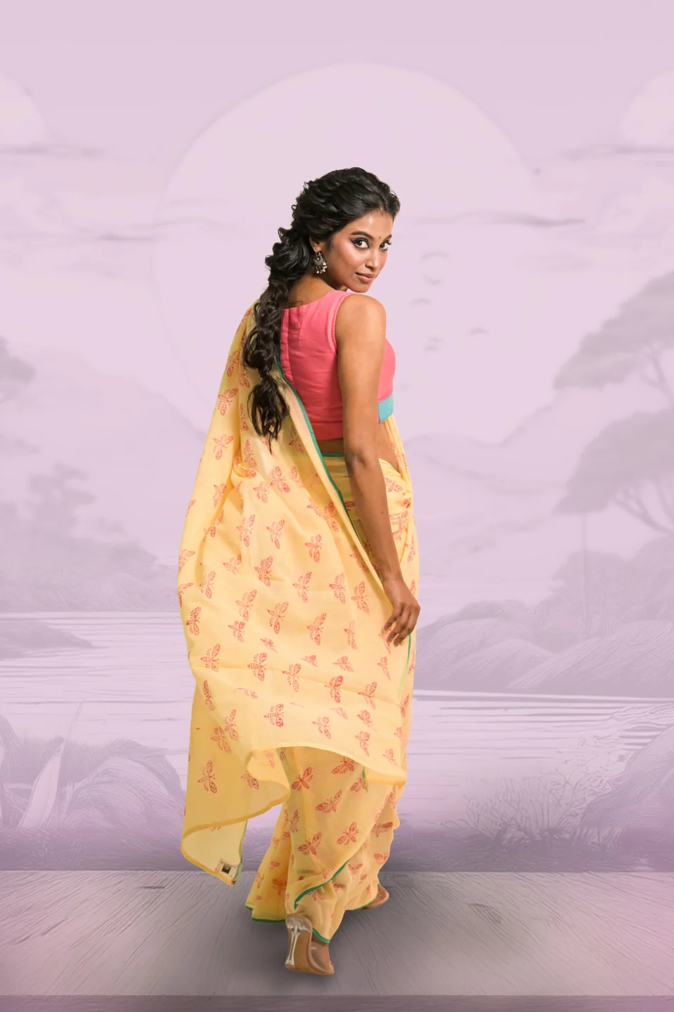 Flutterfly Soft Yellow Handloom Mul Cotton Saree with Handblock-Printed Butterfly Motifs - Image 3