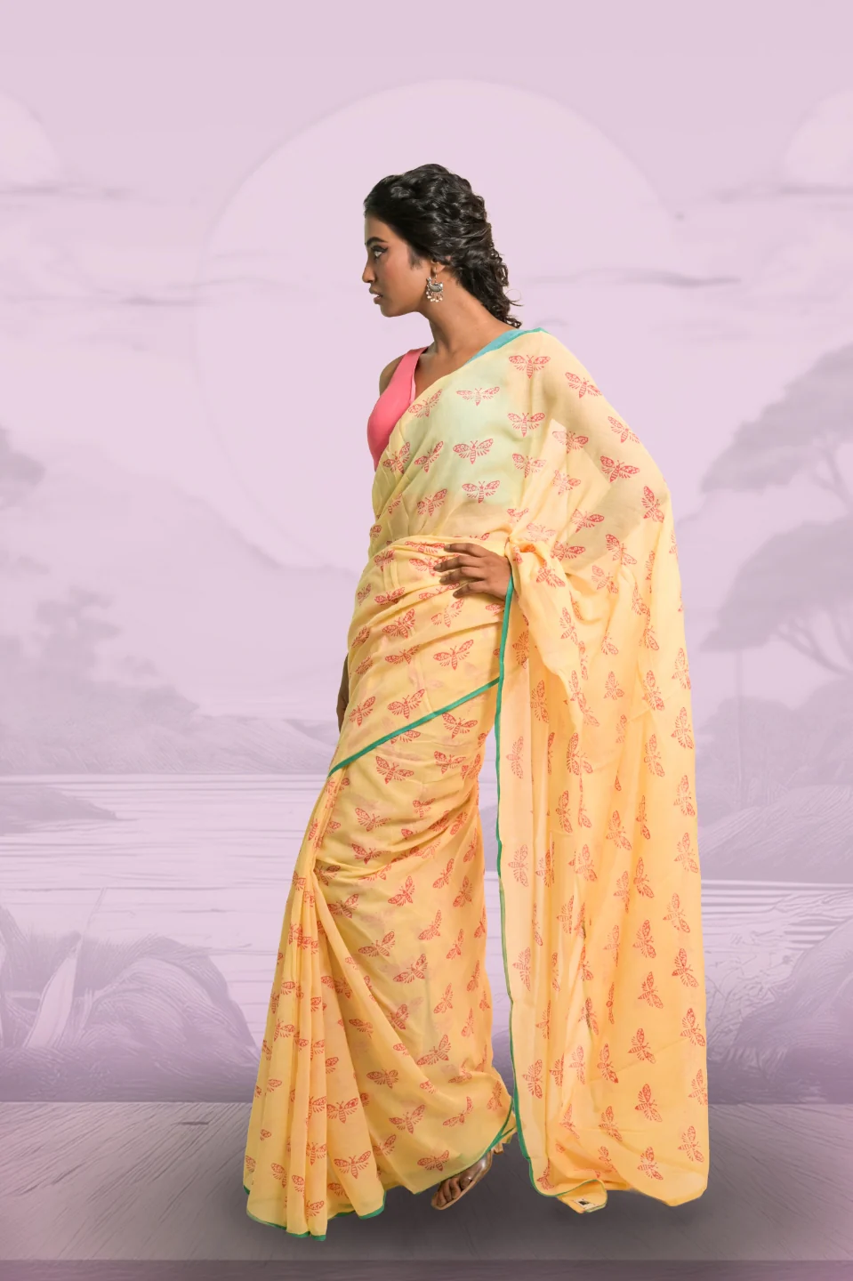 Flutterfly Soft Yellow Handloom Mul Cotton Saree with Handblock-Printed Butterfly Motifs - Image 4