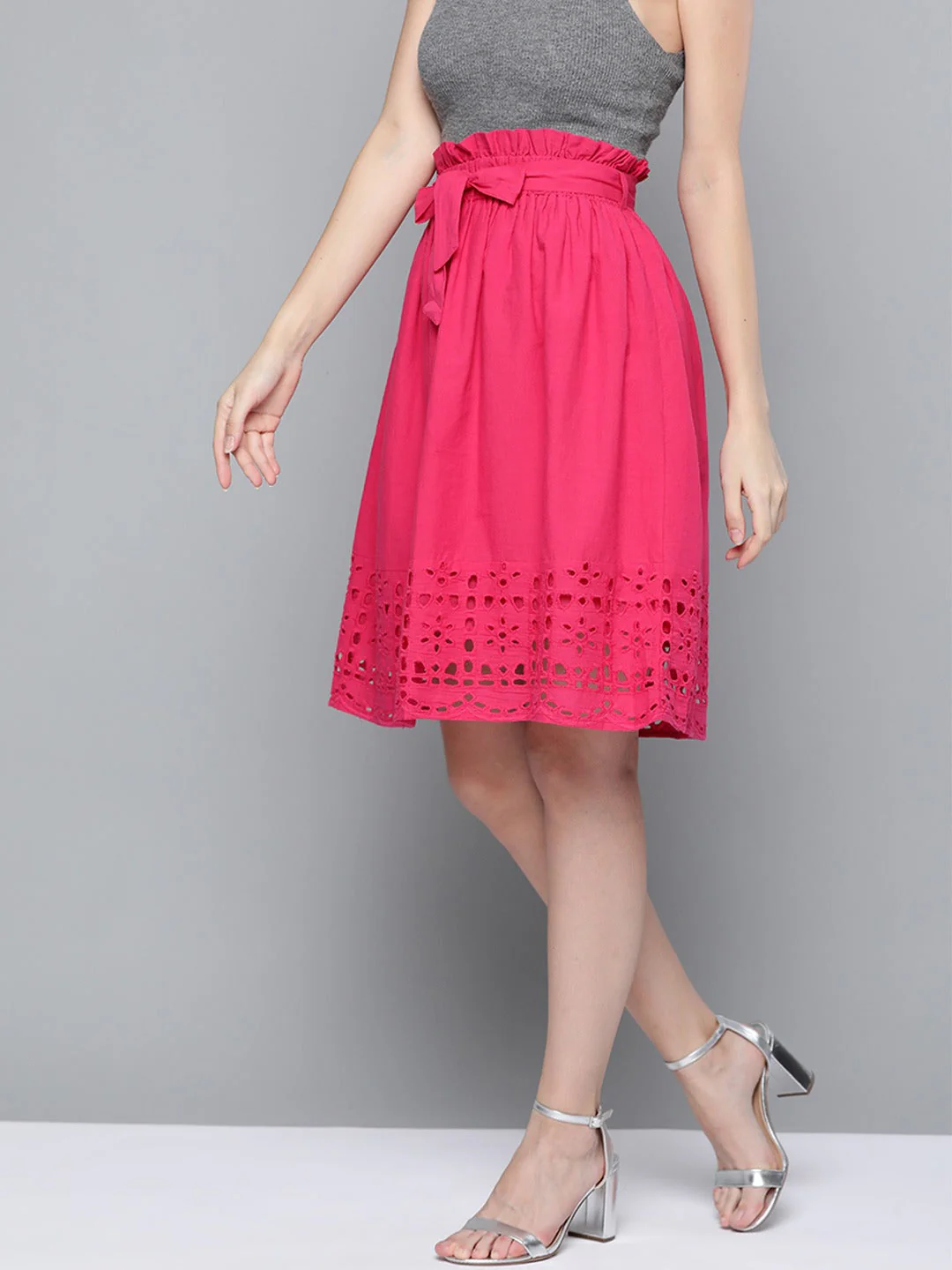 Women Fuchsia Schiffli Flared Midi Skirt - Image 2