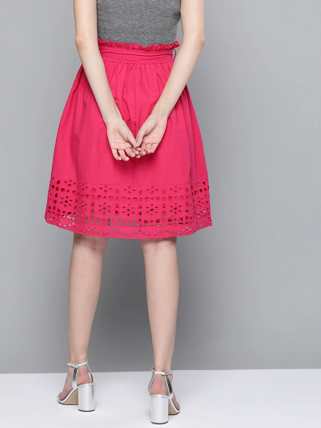 Women Fuchsia Schiffli Flared Midi Skirt - Image 3