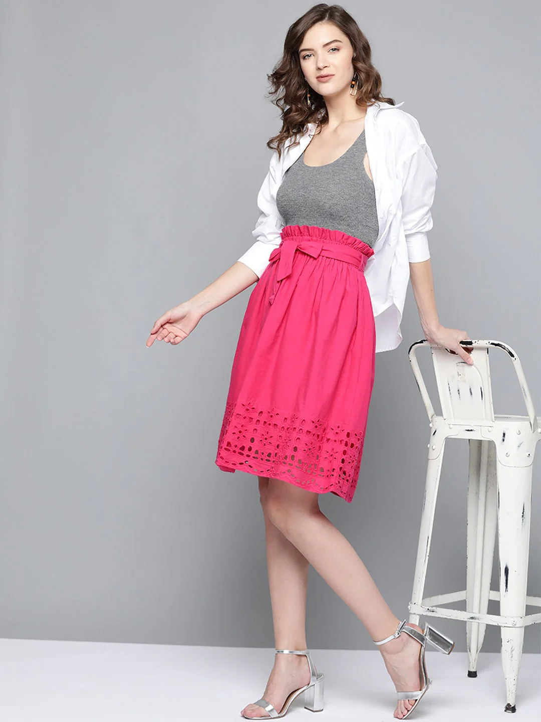 Women Fuchsia Schiffli Flared Midi Skirt - Image 4