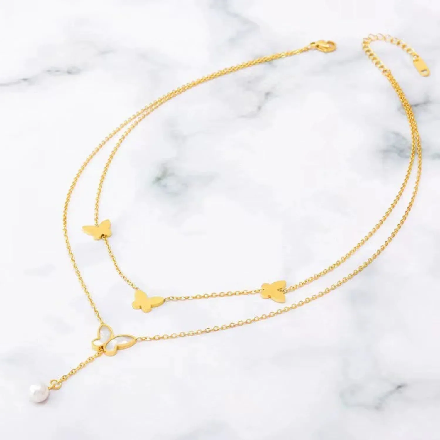 Gold Butterfly Pearl Necklace - Image 2