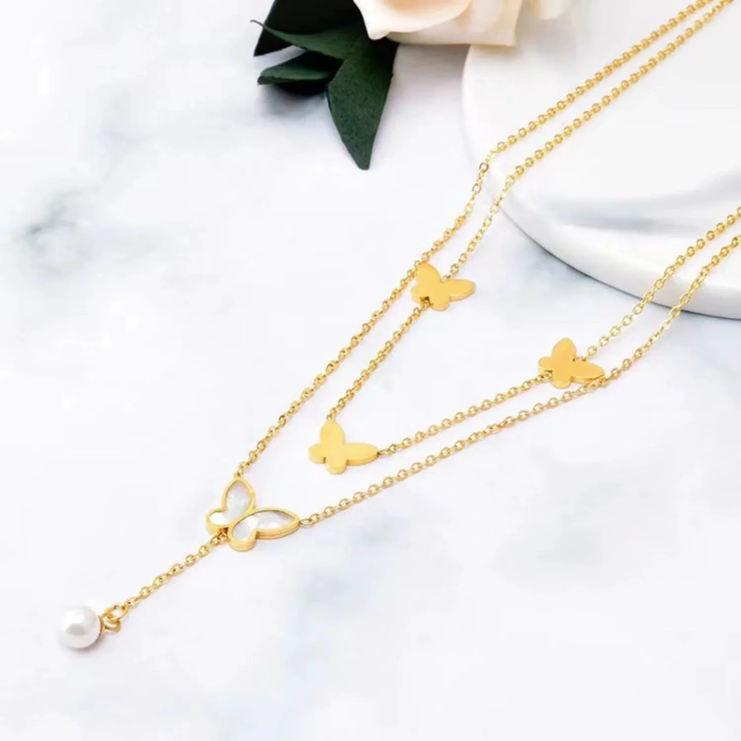 Gold Butterfly Pearl Necklace - Image 3