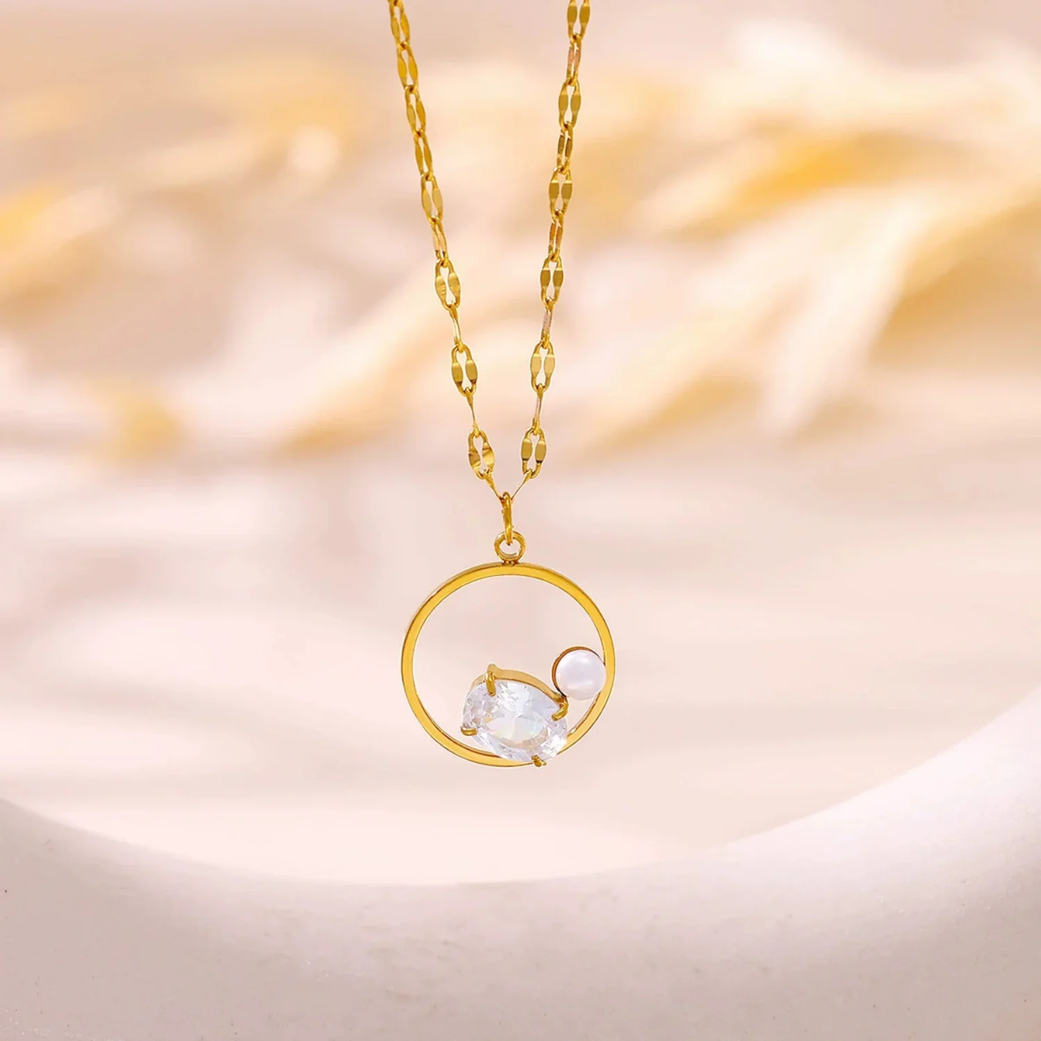 Gold Crystal Pearl Circle Necklace - Image 2