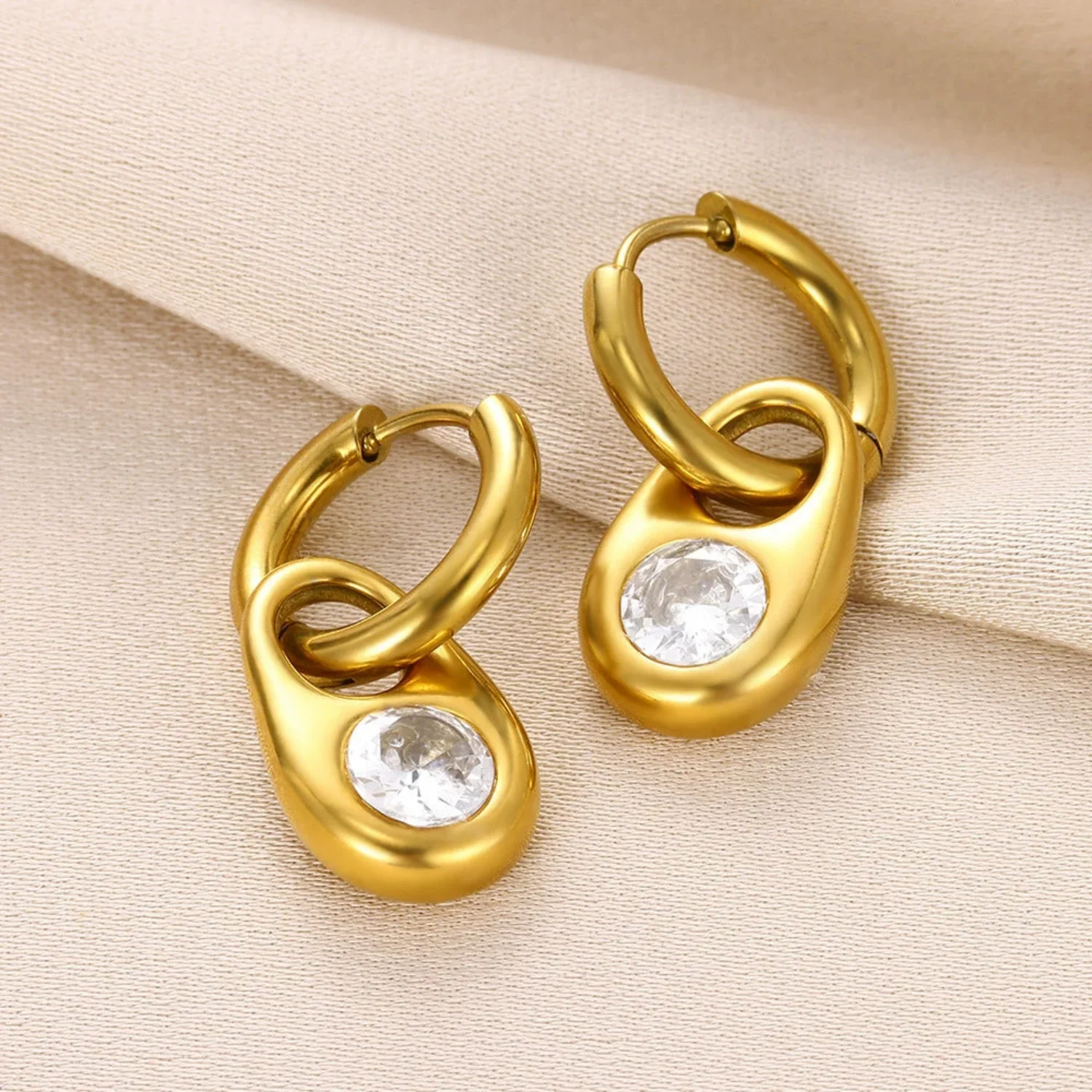 Gold Crystal Teardrop Huggie Earrings - Image 2