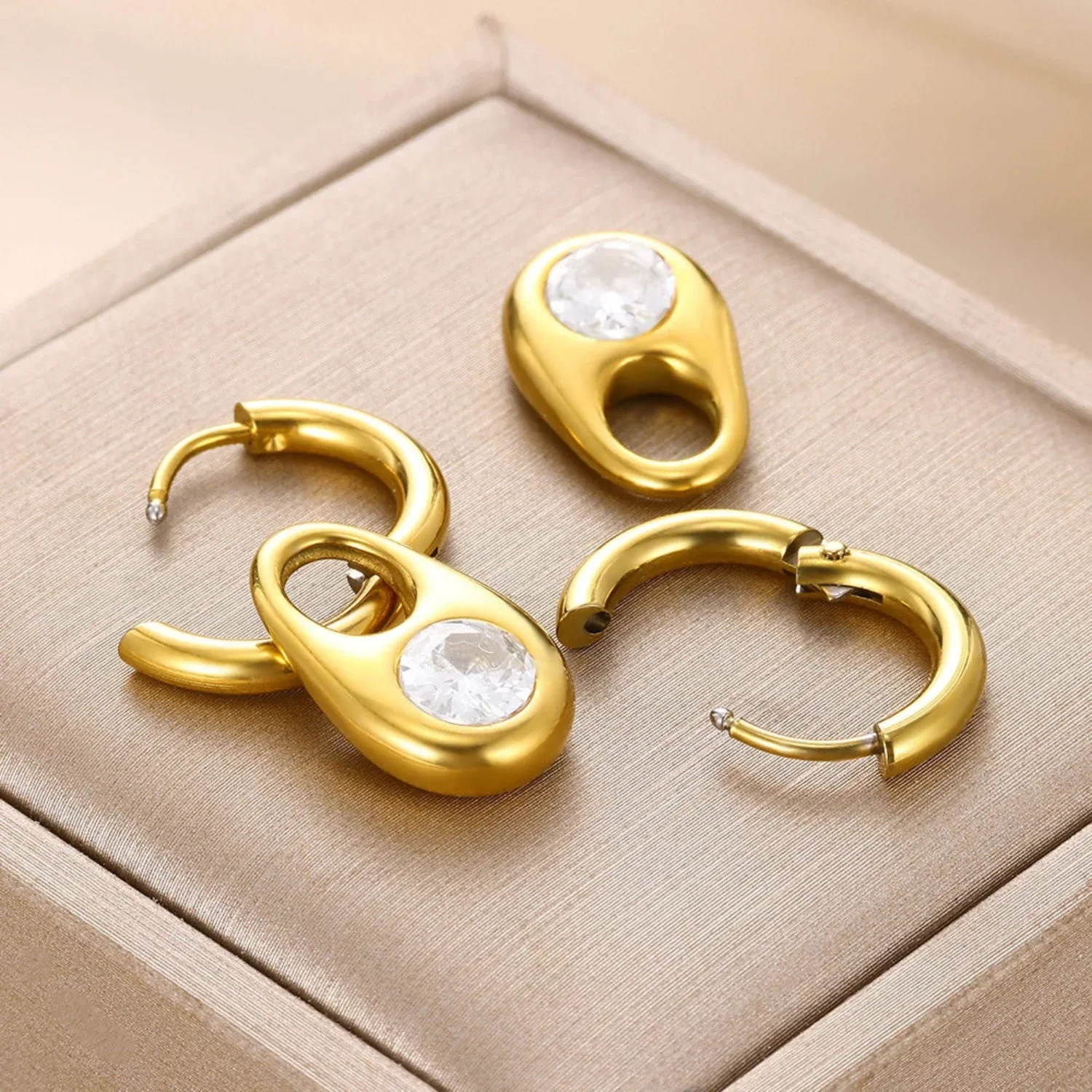 Gold Crystal Teardrop Huggie Earrings - Image 3
