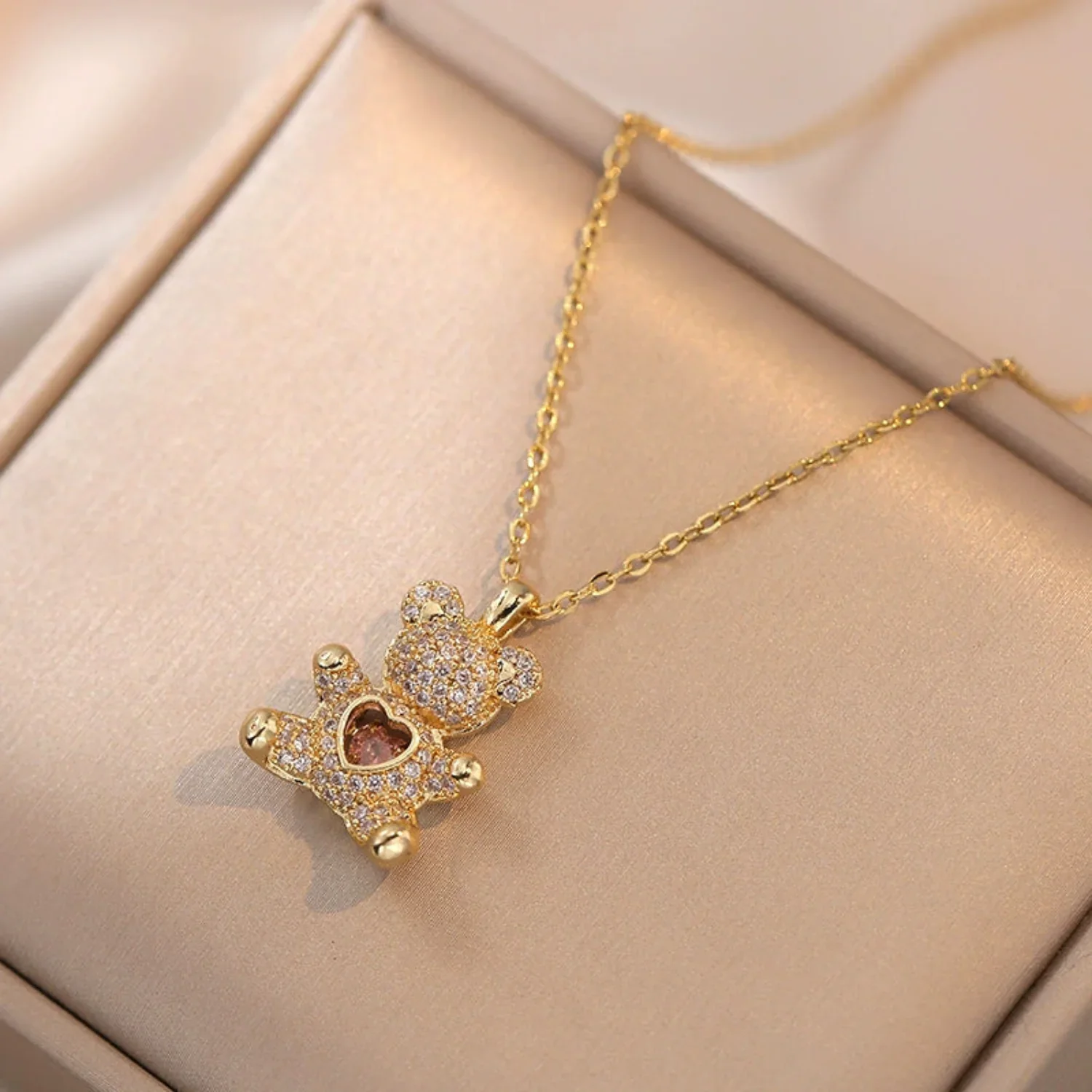Gold Crystal Teddy Bear Necklace - Image 2