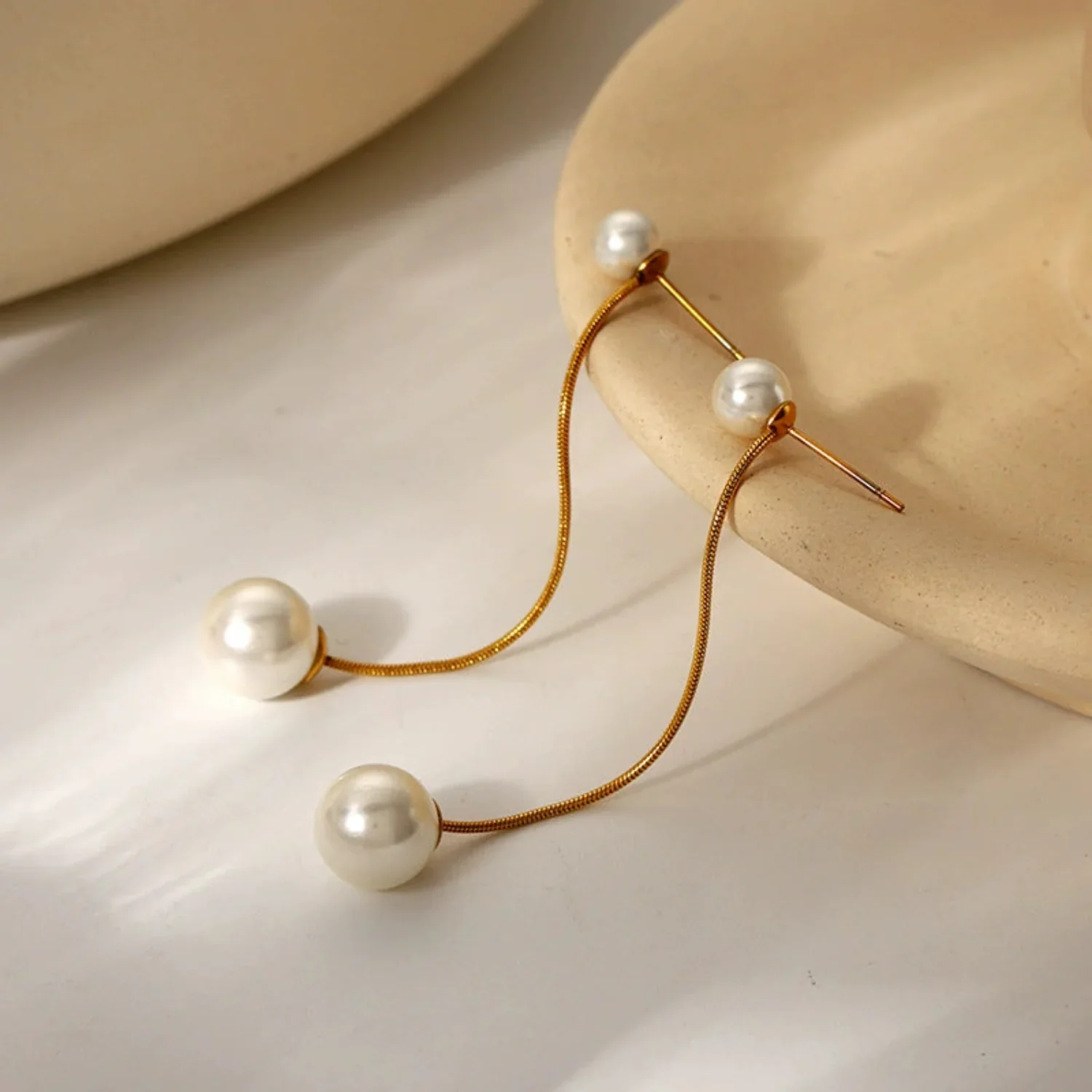 Gold Double Pearl Drop Studs - Image 2