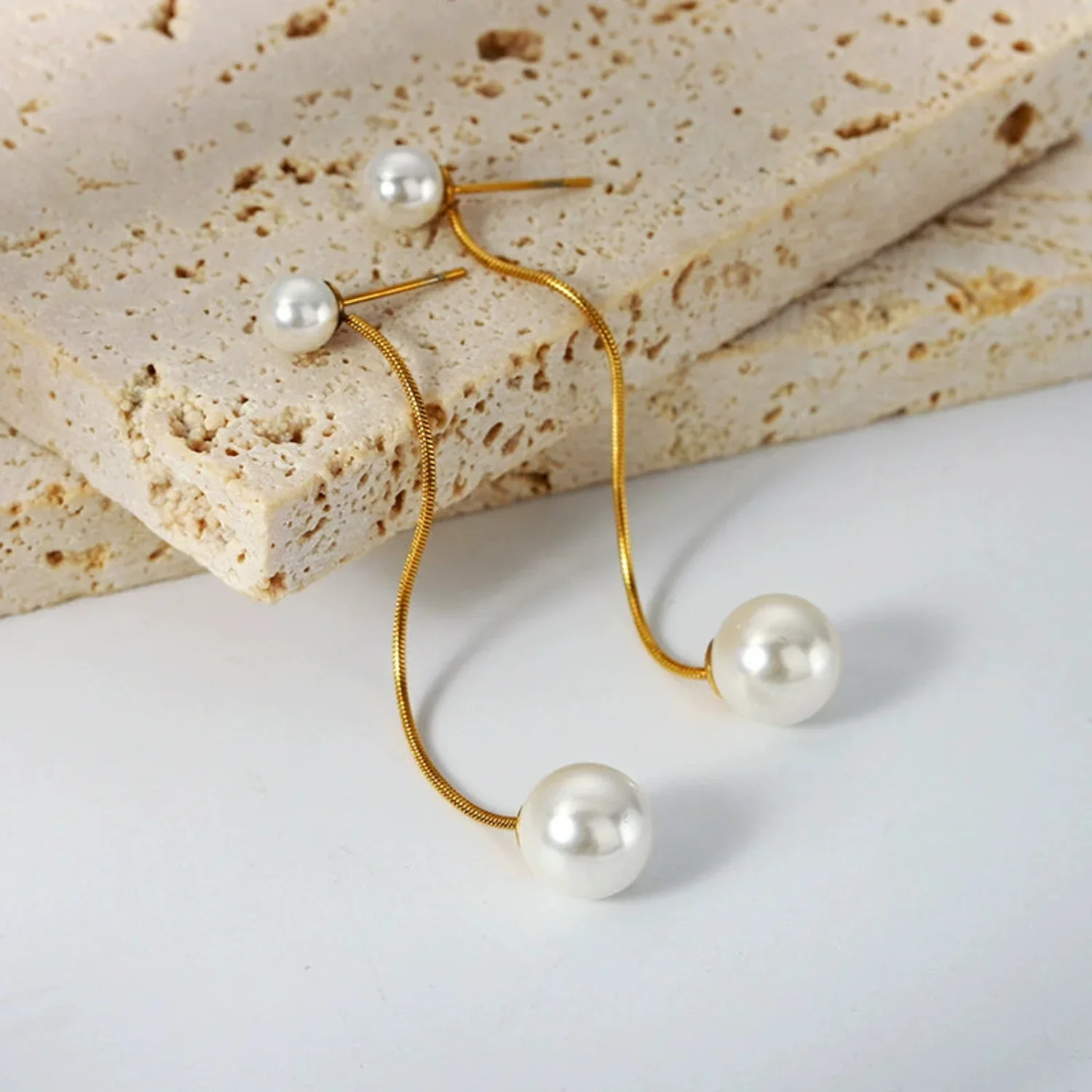 Gold Double Pearl Drop Studs - Image 3