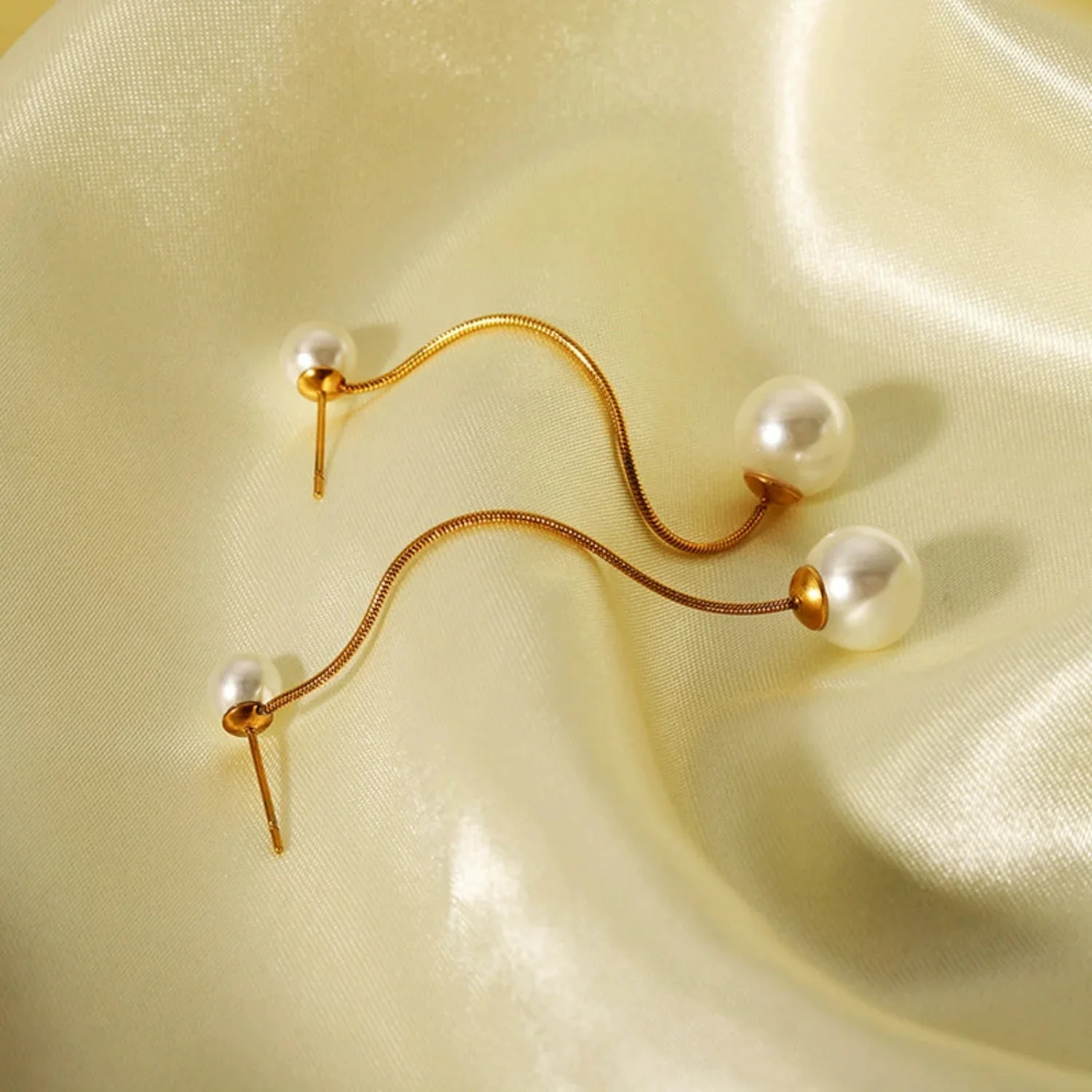Gold Double Pearl Drop Studs - Image 4