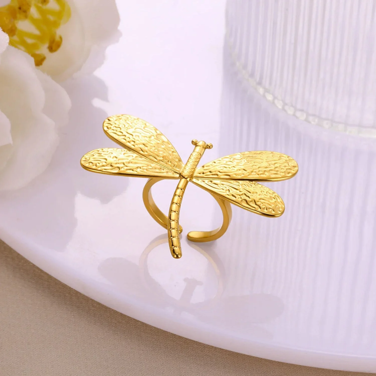 Gold Dragonfly Statement Open Ring