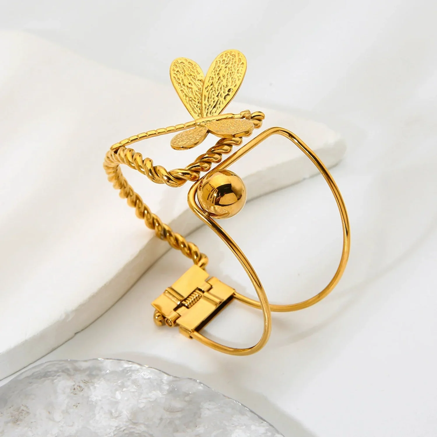 Gold Dragonfly Twisted Cuff Bangle