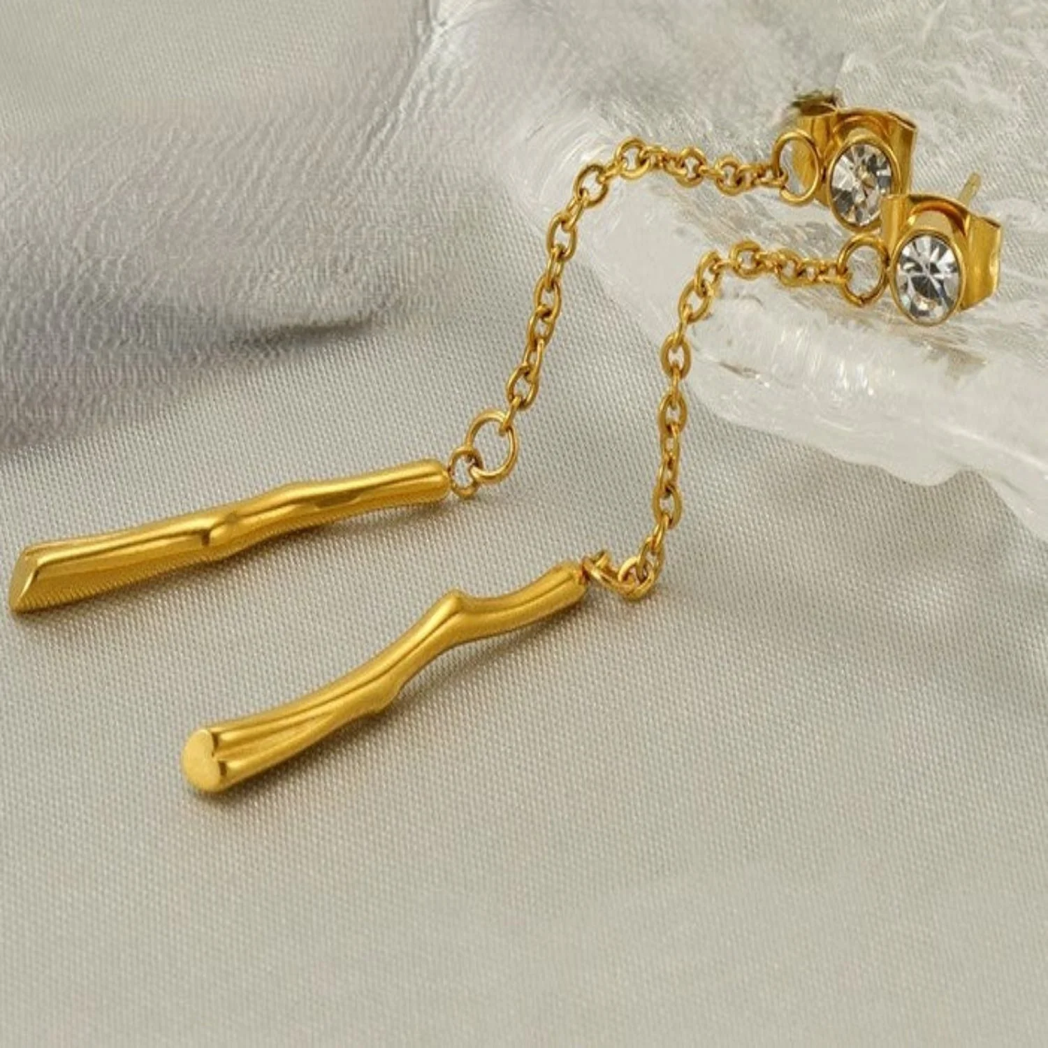 Gold Drop Chain Earring With Crystal Stud