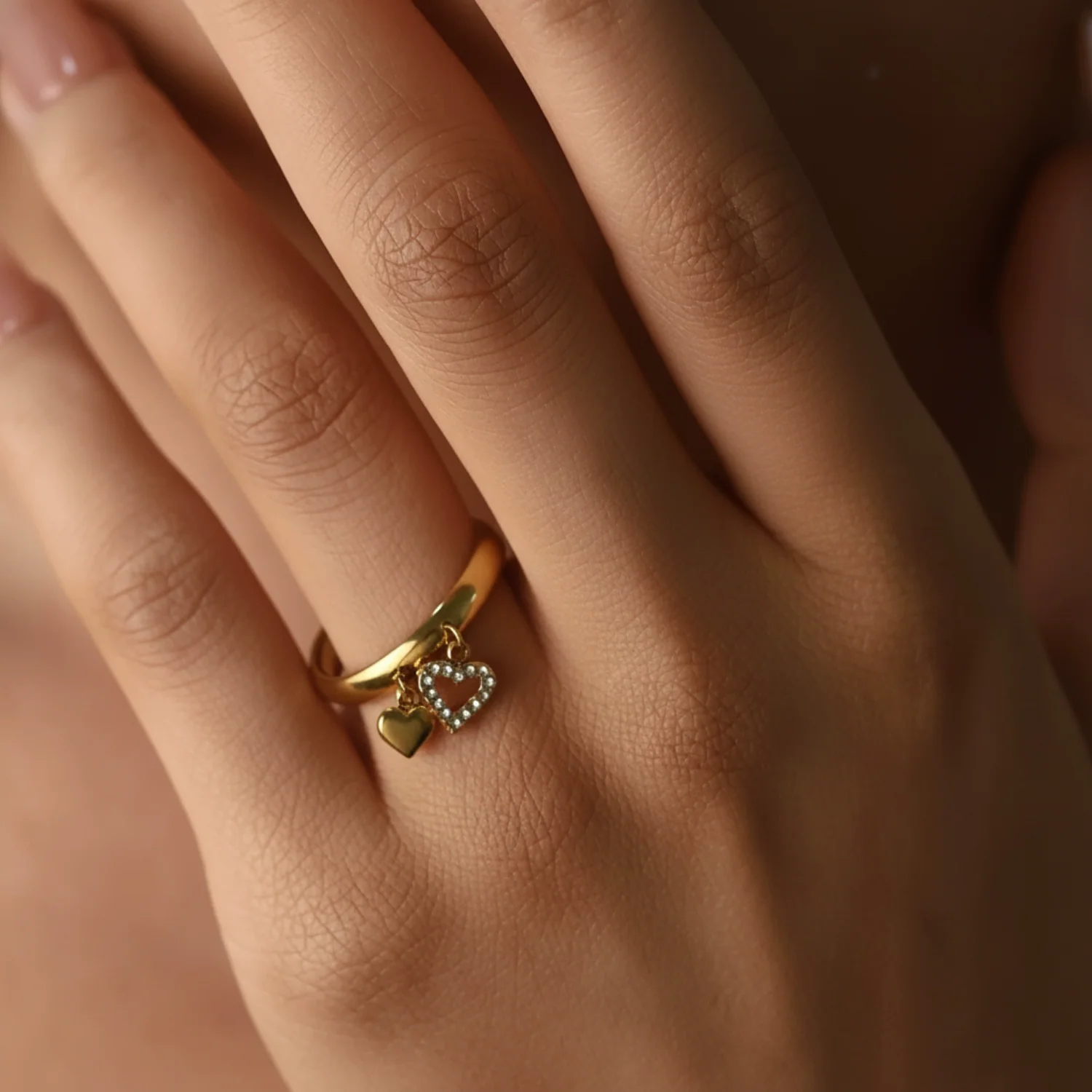 Gold Dual Heart Charm Ring