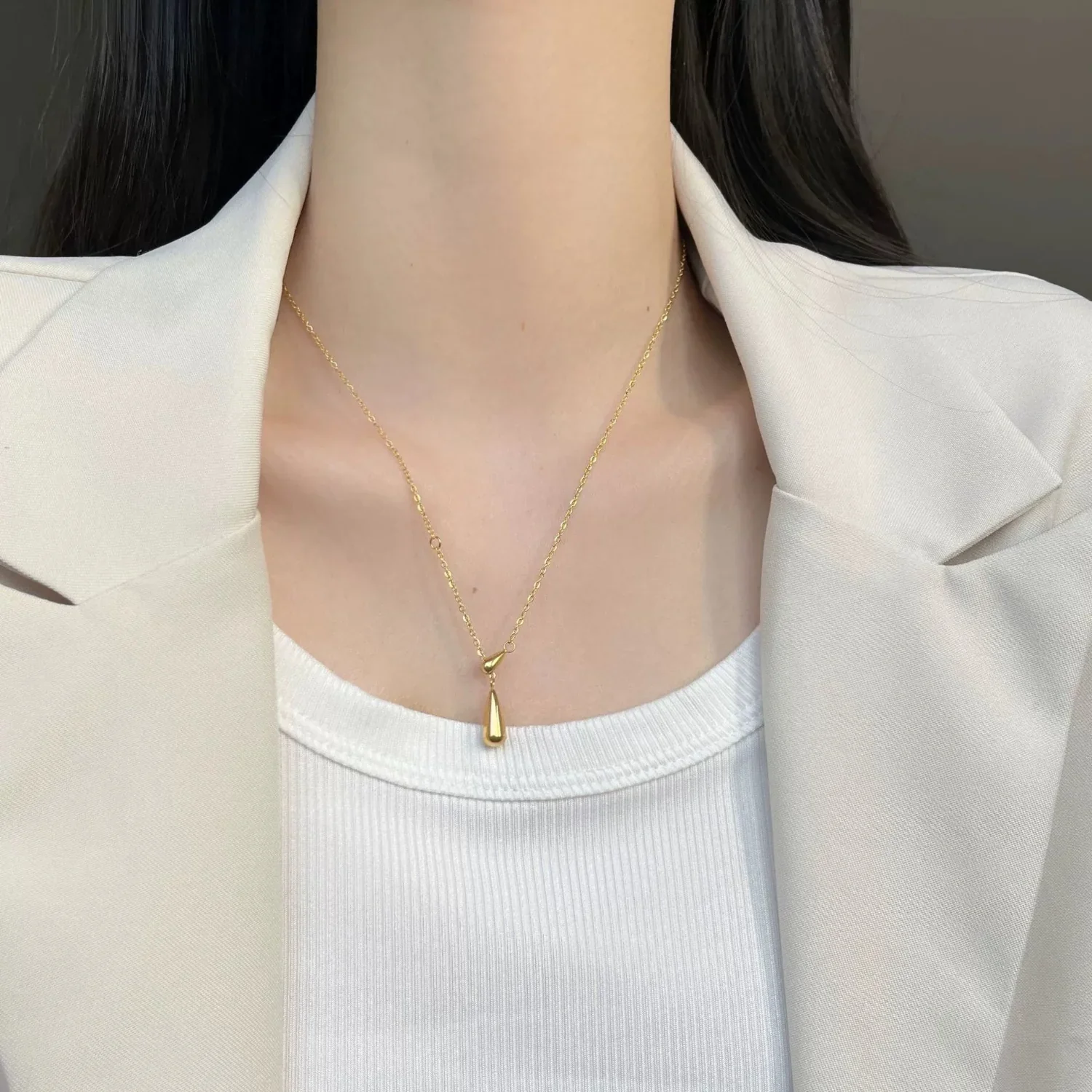 Gold Dual-Teardrop Lariat Necklace - Image 3