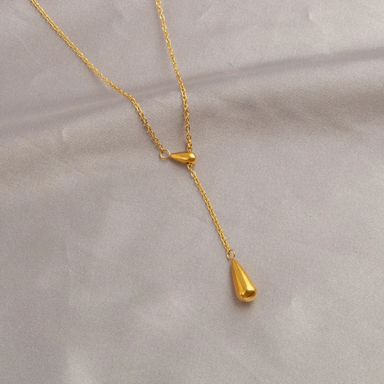 Gold Dual-Teardrop Lariat Necklace - Image 4