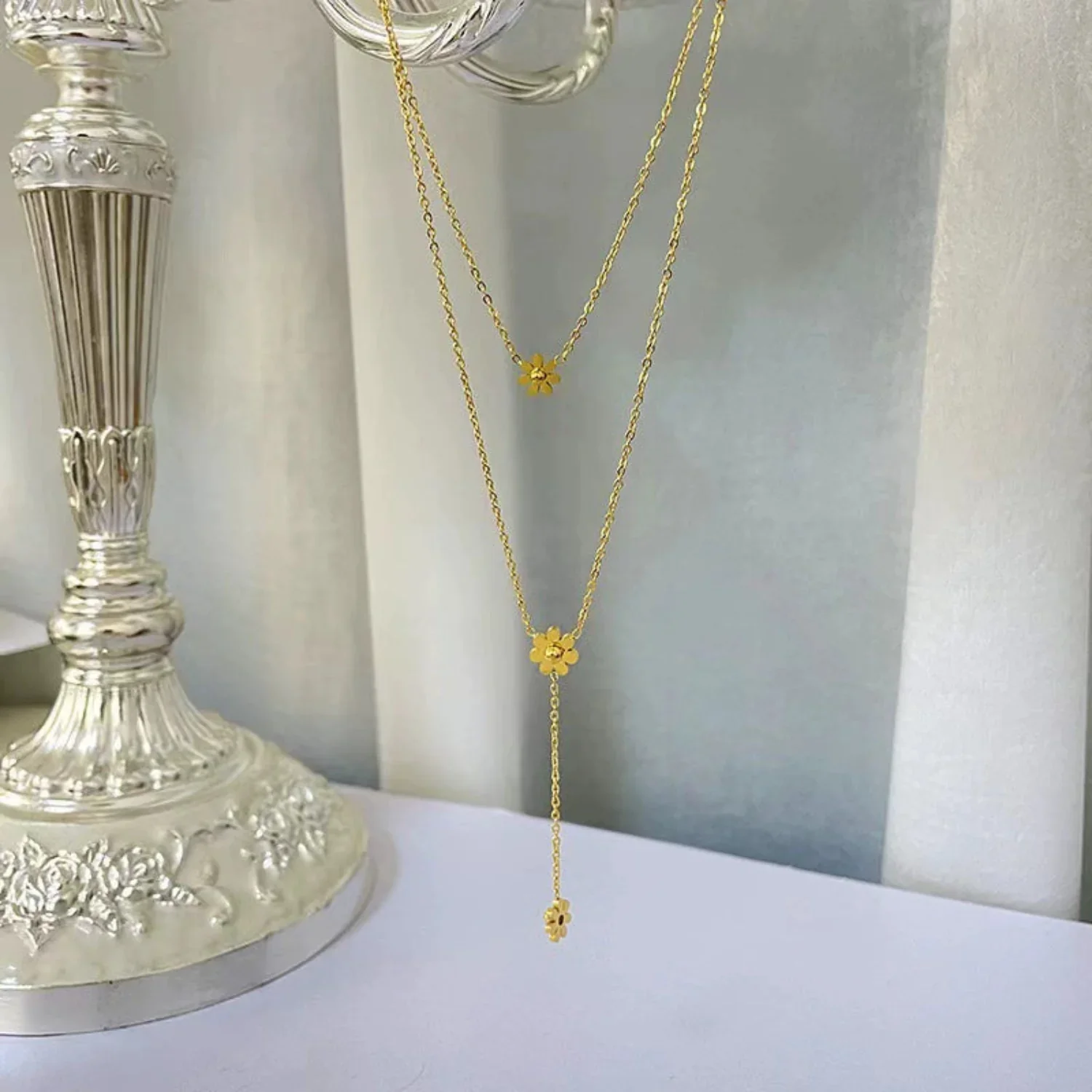 Gold Flower Layered Necklace - Image 4